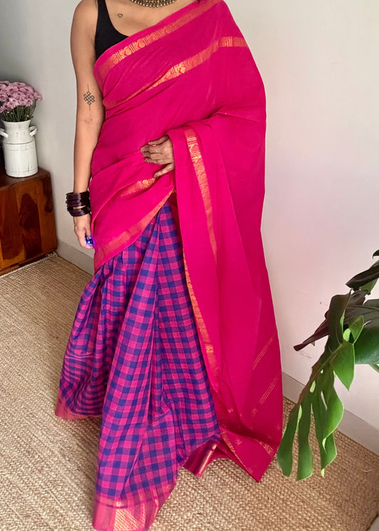 Hot pink with multicoloured checks, sungudi and chettinad cotton half and half saree - YCCOTNIDOC147