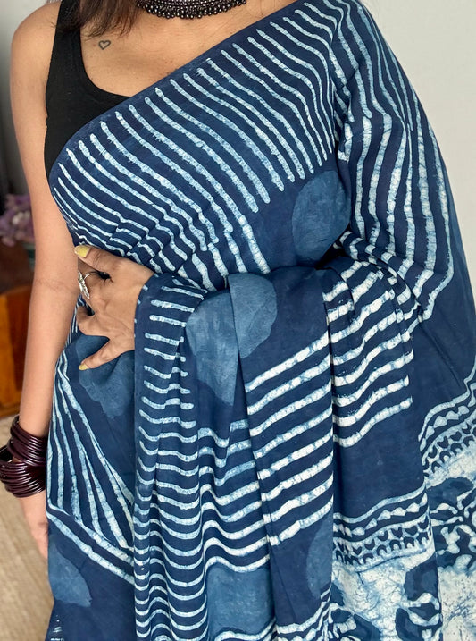 Indigo with circle and line motifs, block printed soft cotton saree - YCTORCMA24