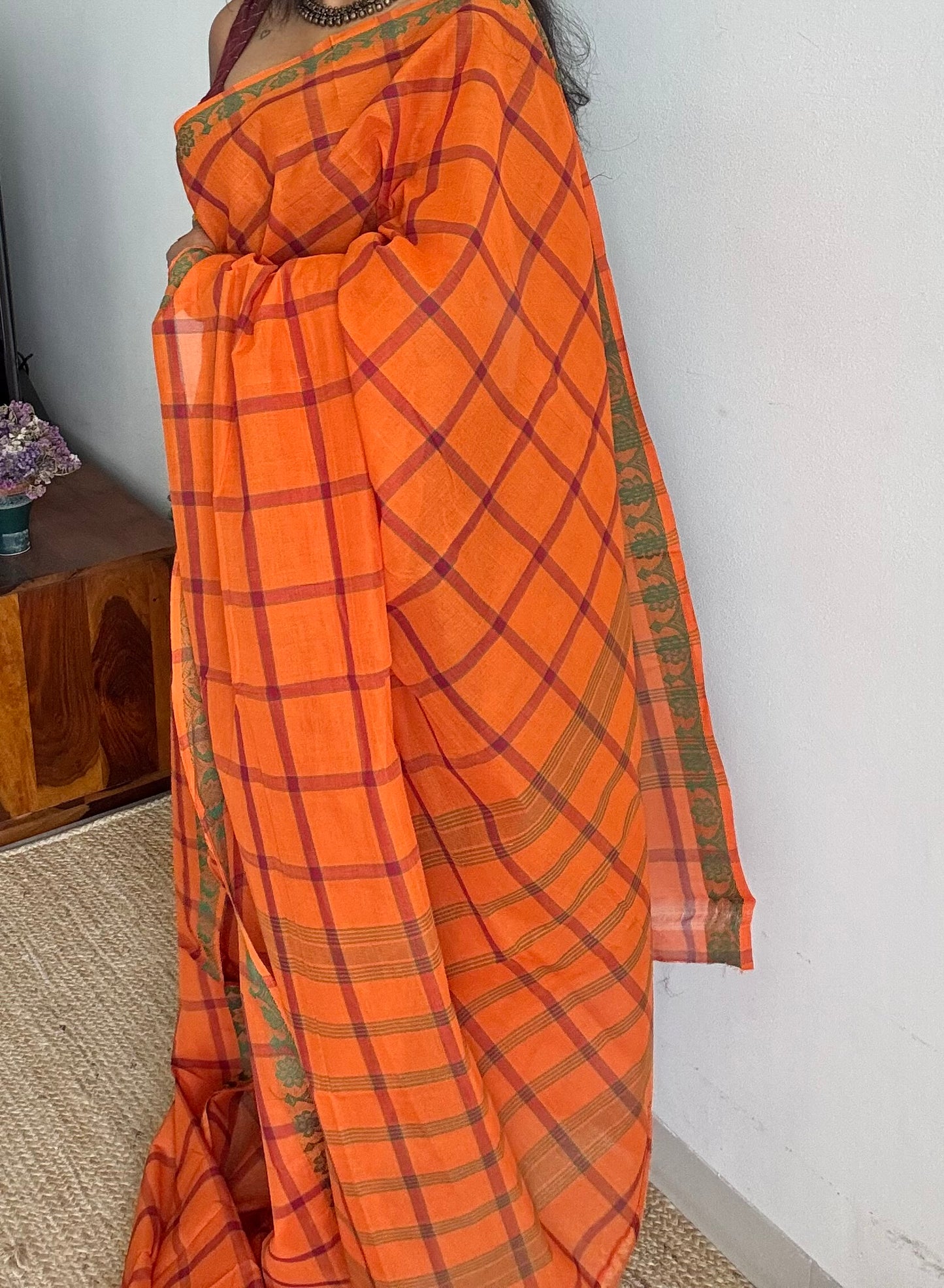 Orange Chettinad cotton saree with checks - YCCOTNCCFE147