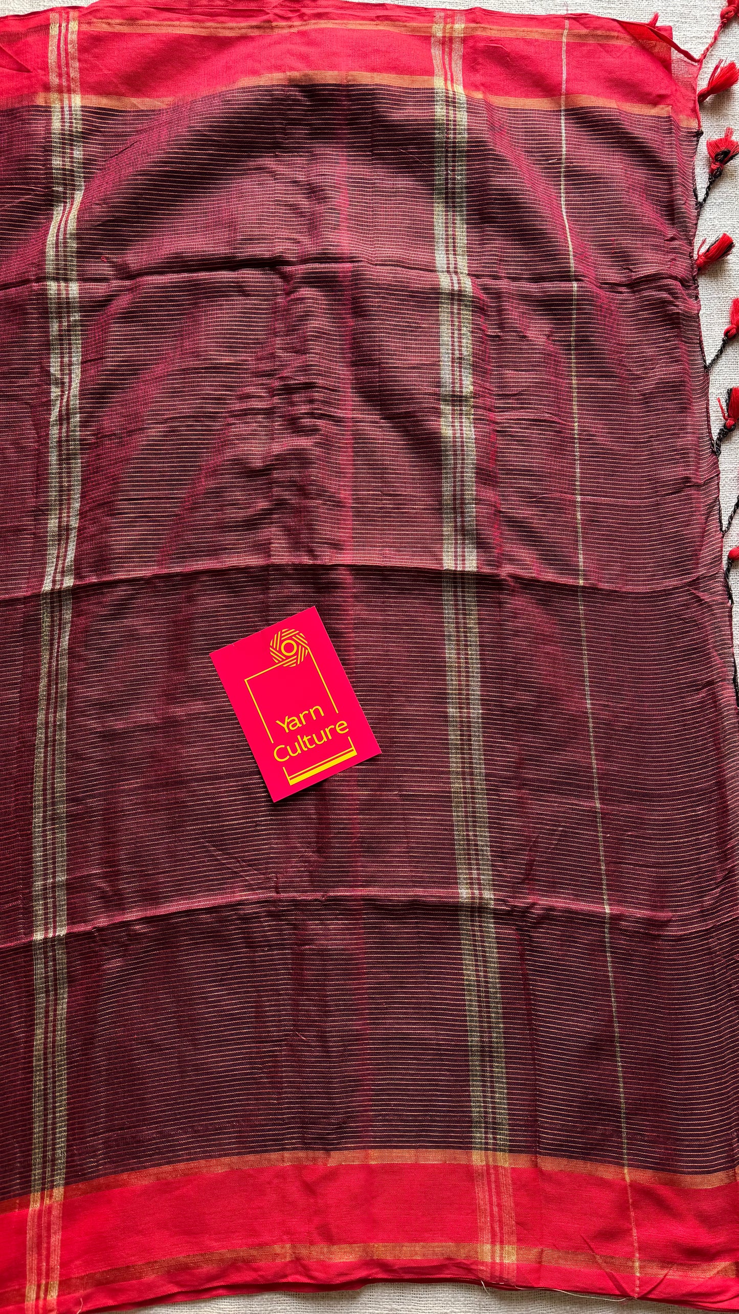 Maroon with red gap border, gold zari stripes, soft cotton - YCBCKCZDE131