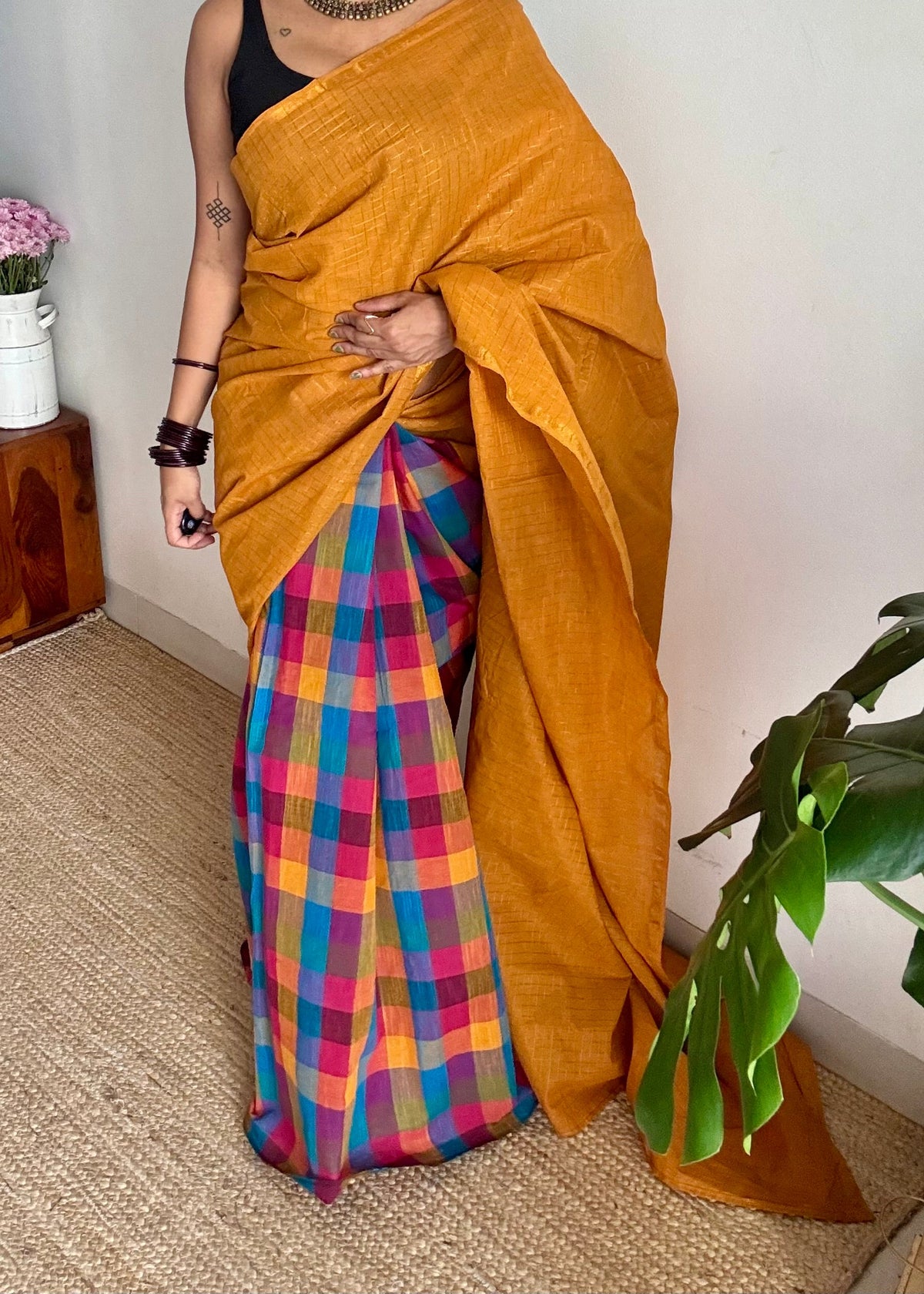 Turmeric yellow mini checks with multicoloured madras checks, cotton half and half saree - YCCOTNIDOC164