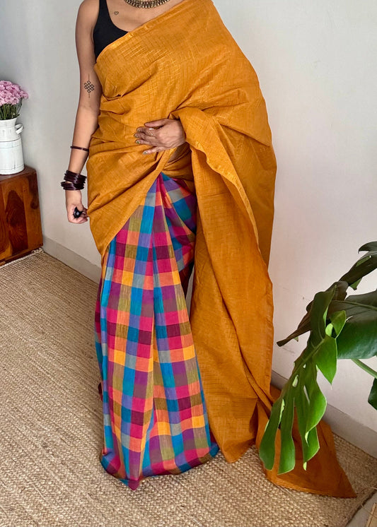 Turmeric yellow mini checks with multicoloured madras checks, cotton half and half saree - YCCOTNIDOC164