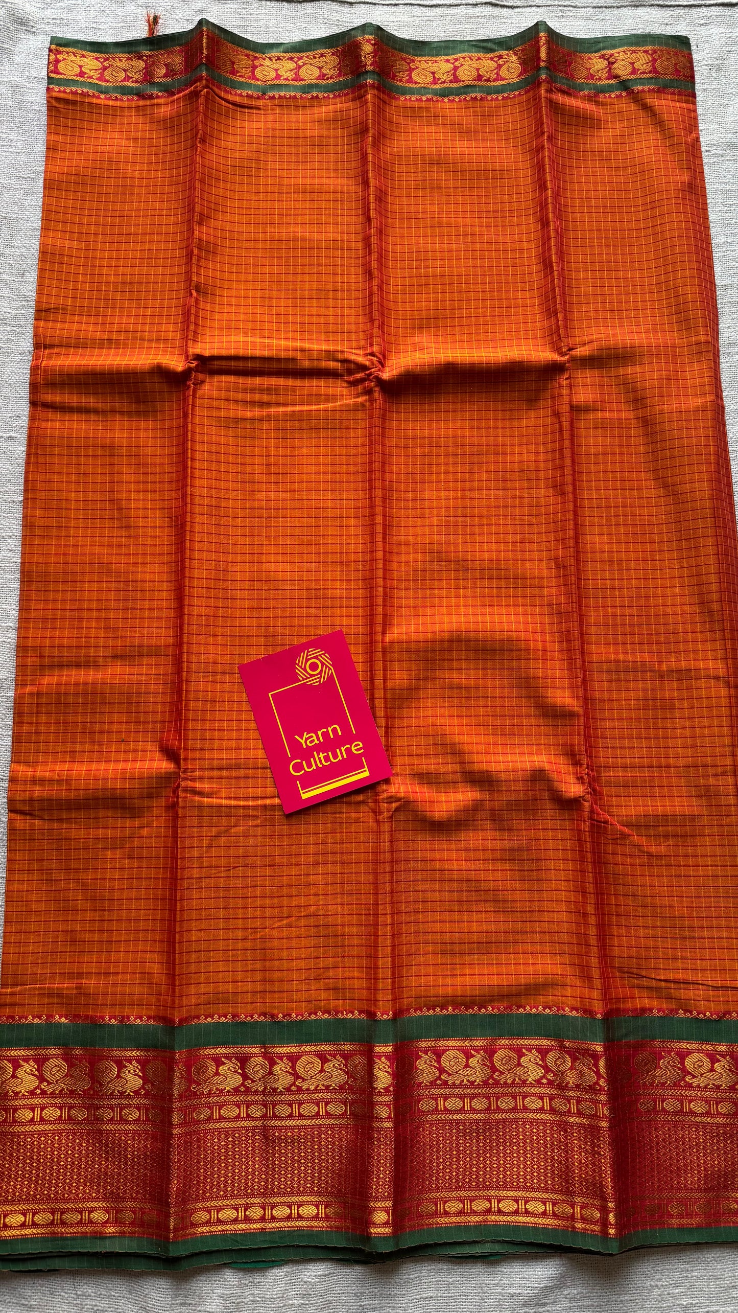 Orange checks with green zari border, premium narayanpet, soft cotton - YCWOTDNPCFE22