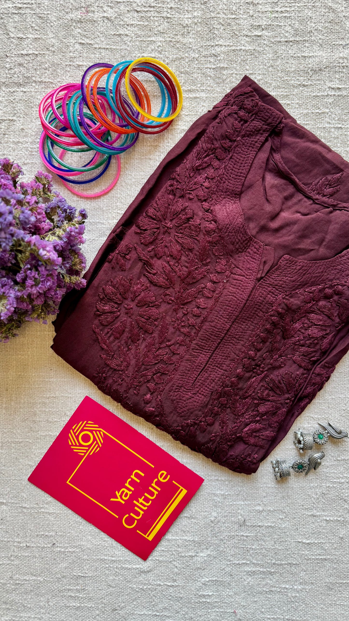 Wine muslin chikankari with ghas patti work, stitched kurta, round neck, three fourth sleeves - YCSECK41