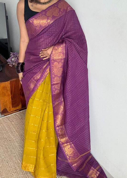 Purple with light green, sungudi cotton half-half saree - YCCOTNMSFE357