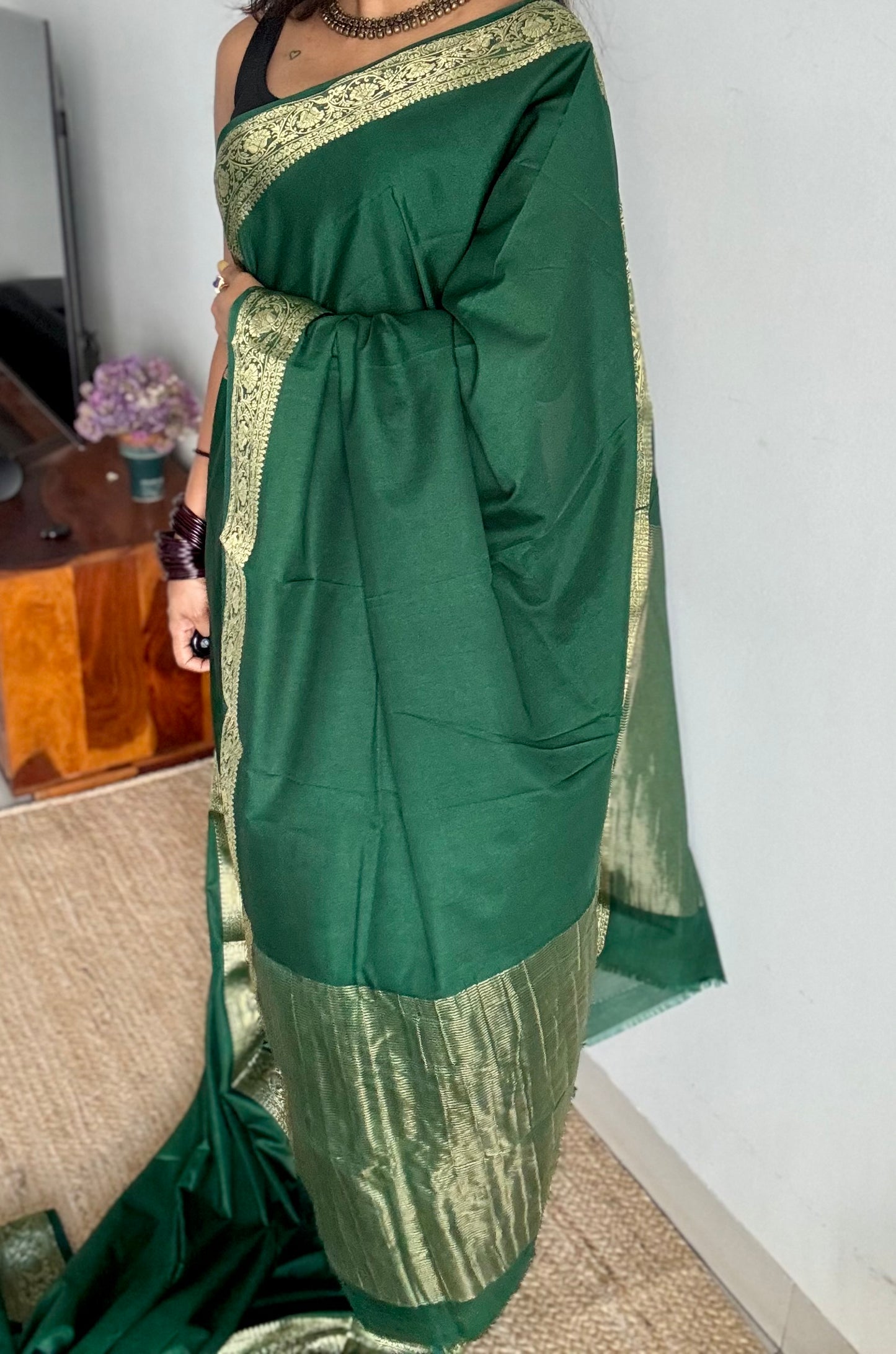 Dark green Mysore semi crepe silk saree - YCLOKFE240