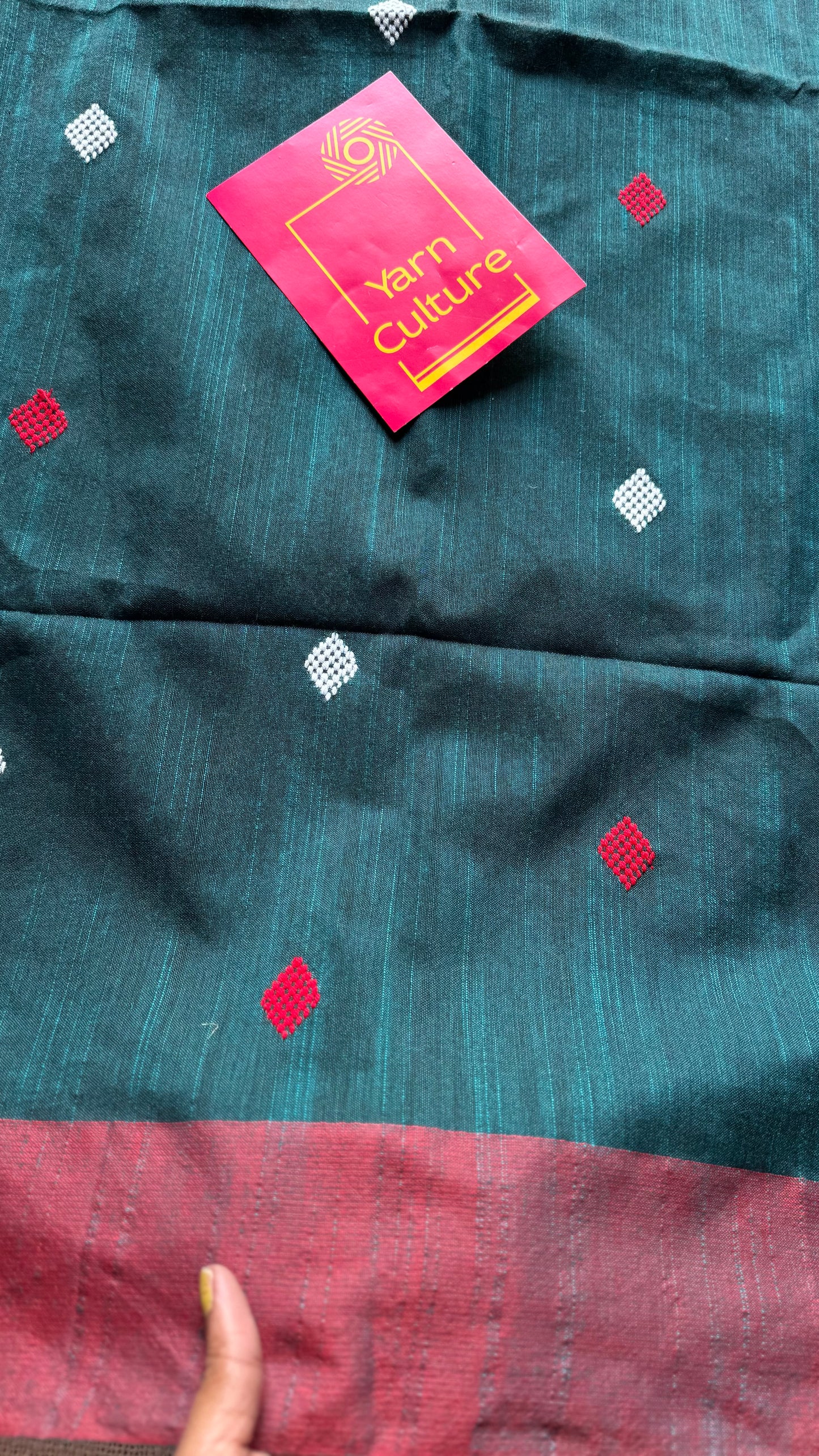 Peacock green with burnt red, soft khadi cotton with woven motifs - YCBCKCDE27