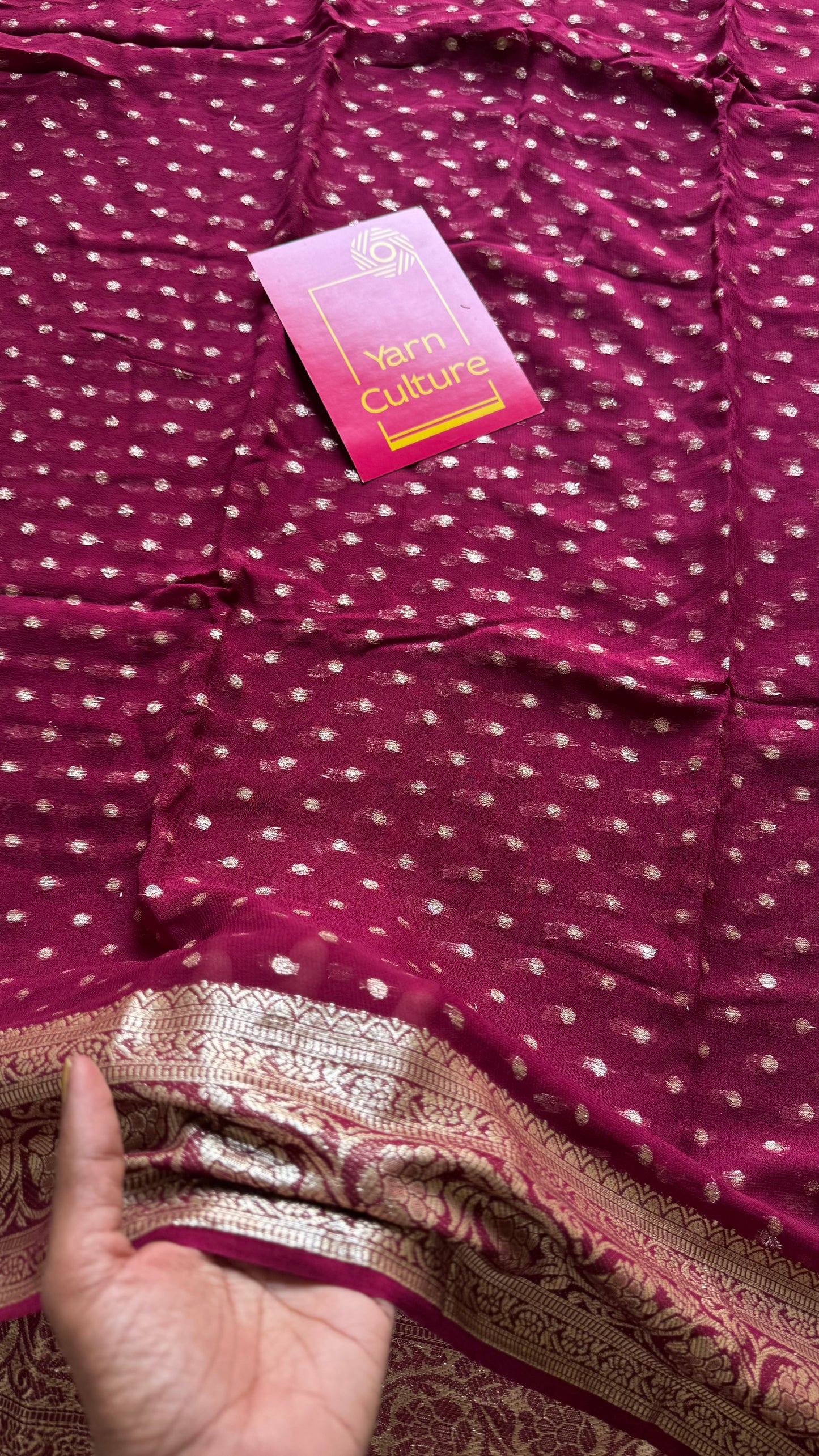 Ruby red viscose georgette saree with zari motifs - YCDOSFE203