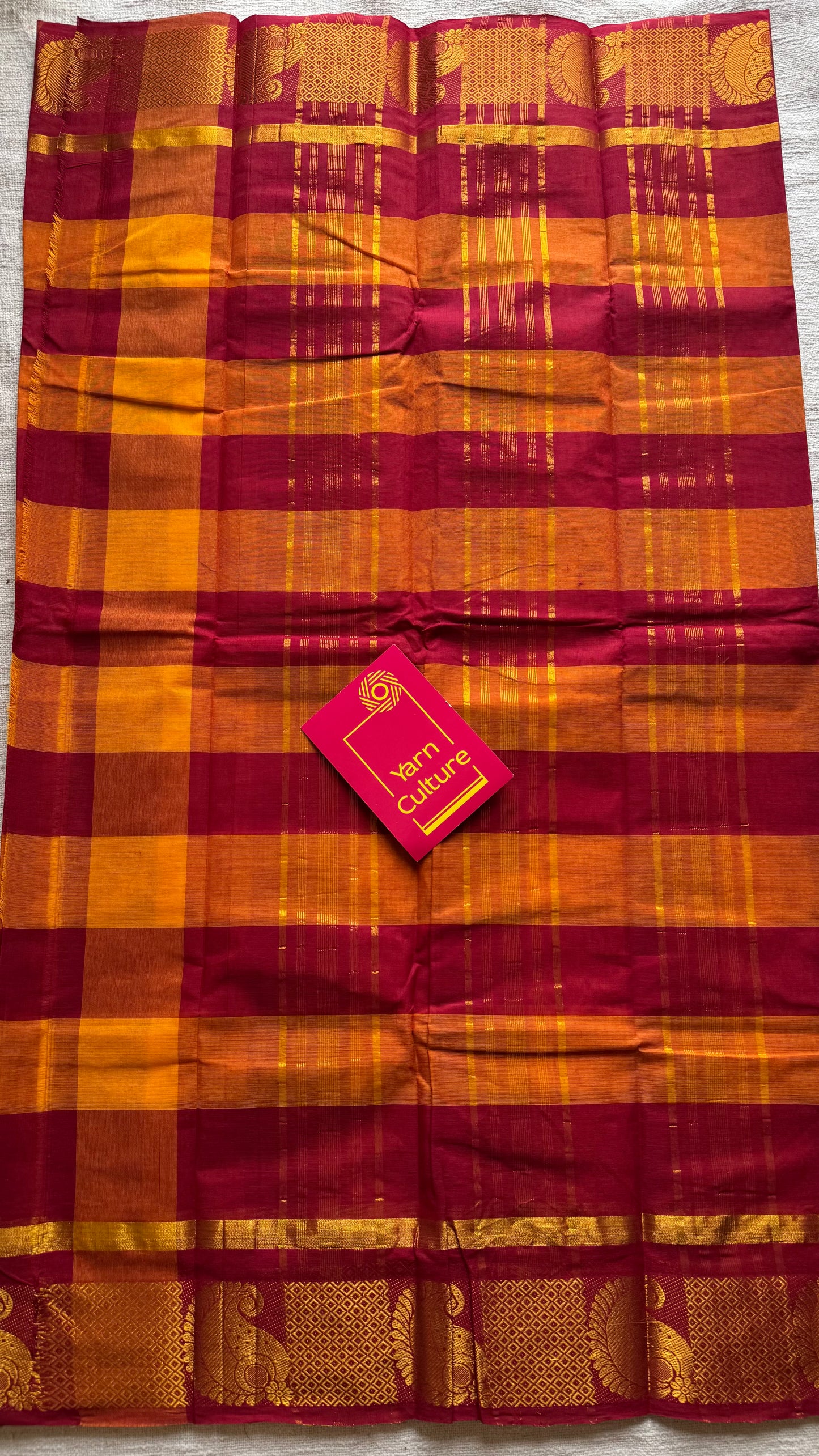 Chettinad cotton saree with yellow and red checks, paisley motif border - YCCOTNAP64