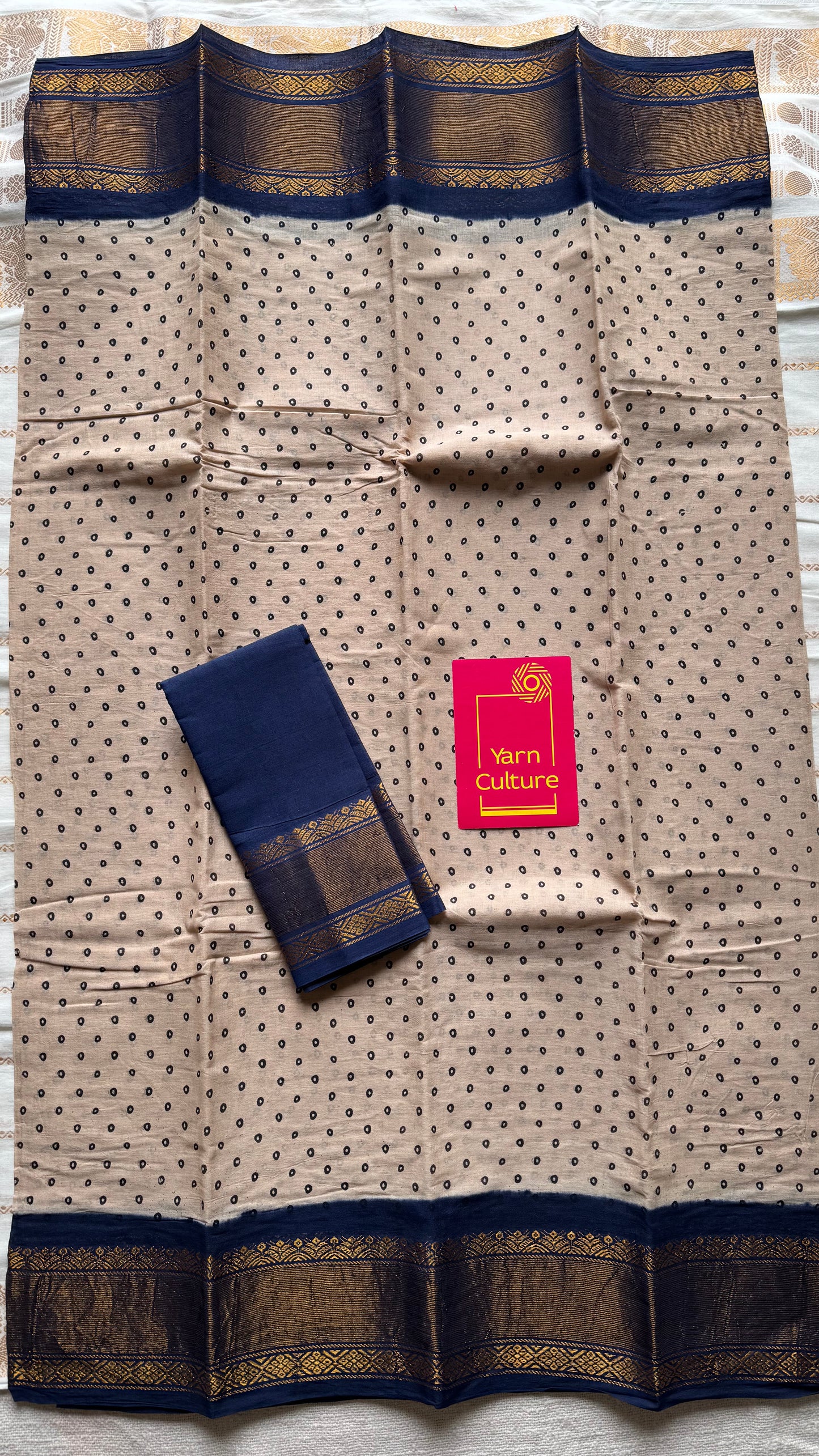 Sandal and dark blue with antique gold zari border, kattuchayam dyed madurai cotton saree - YCCOTNMSJUL12
