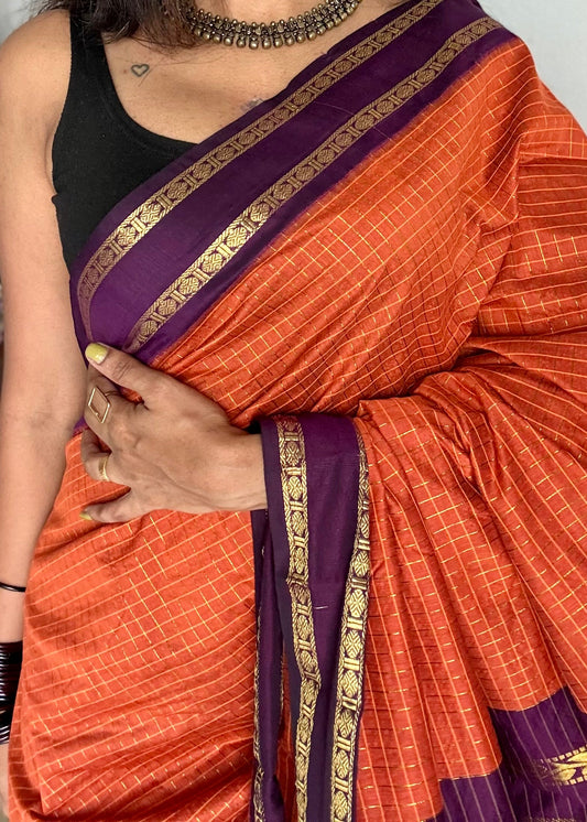 Orange with wine contrast arani checkered saree, cotton silk - YCCOTNKCFE68