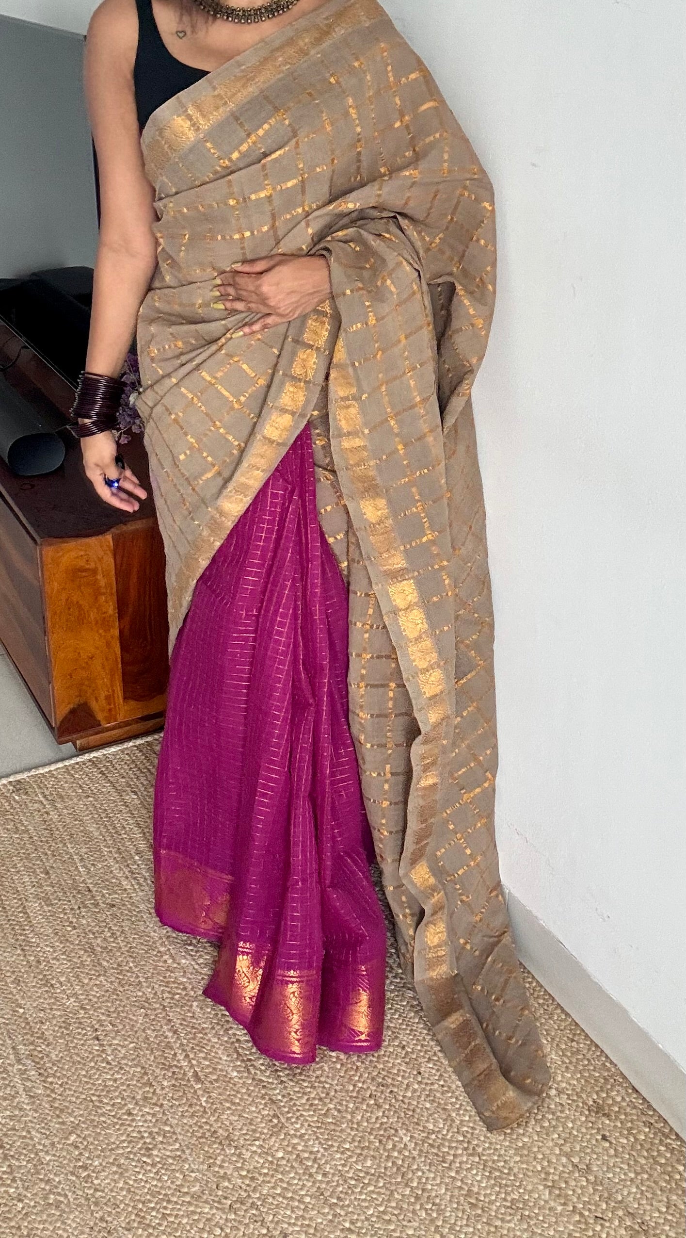 Warm grey with magenta, sungudi cotton half-half saree - YCCOTNMSFE344