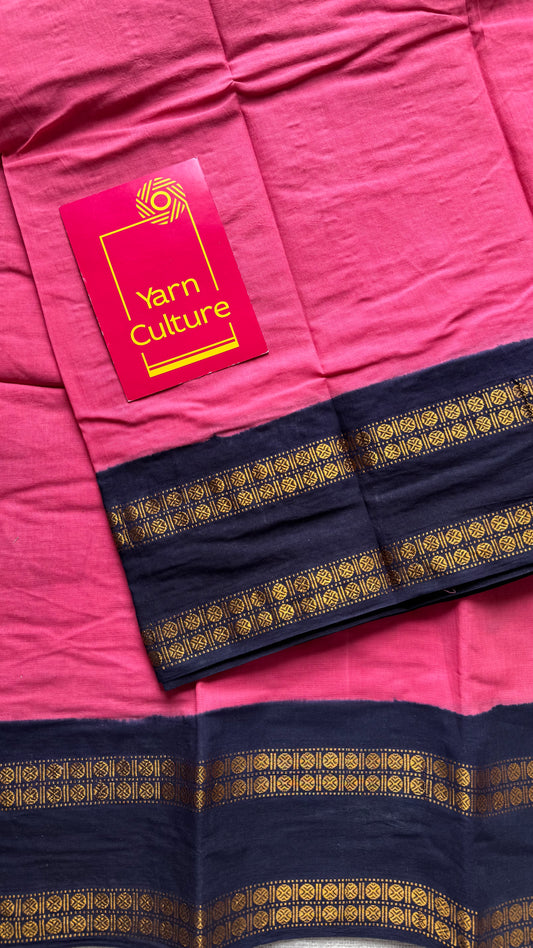 Pink with dark blue, small rudraksham motif border, soft cotton - YCCOTNJSUN08