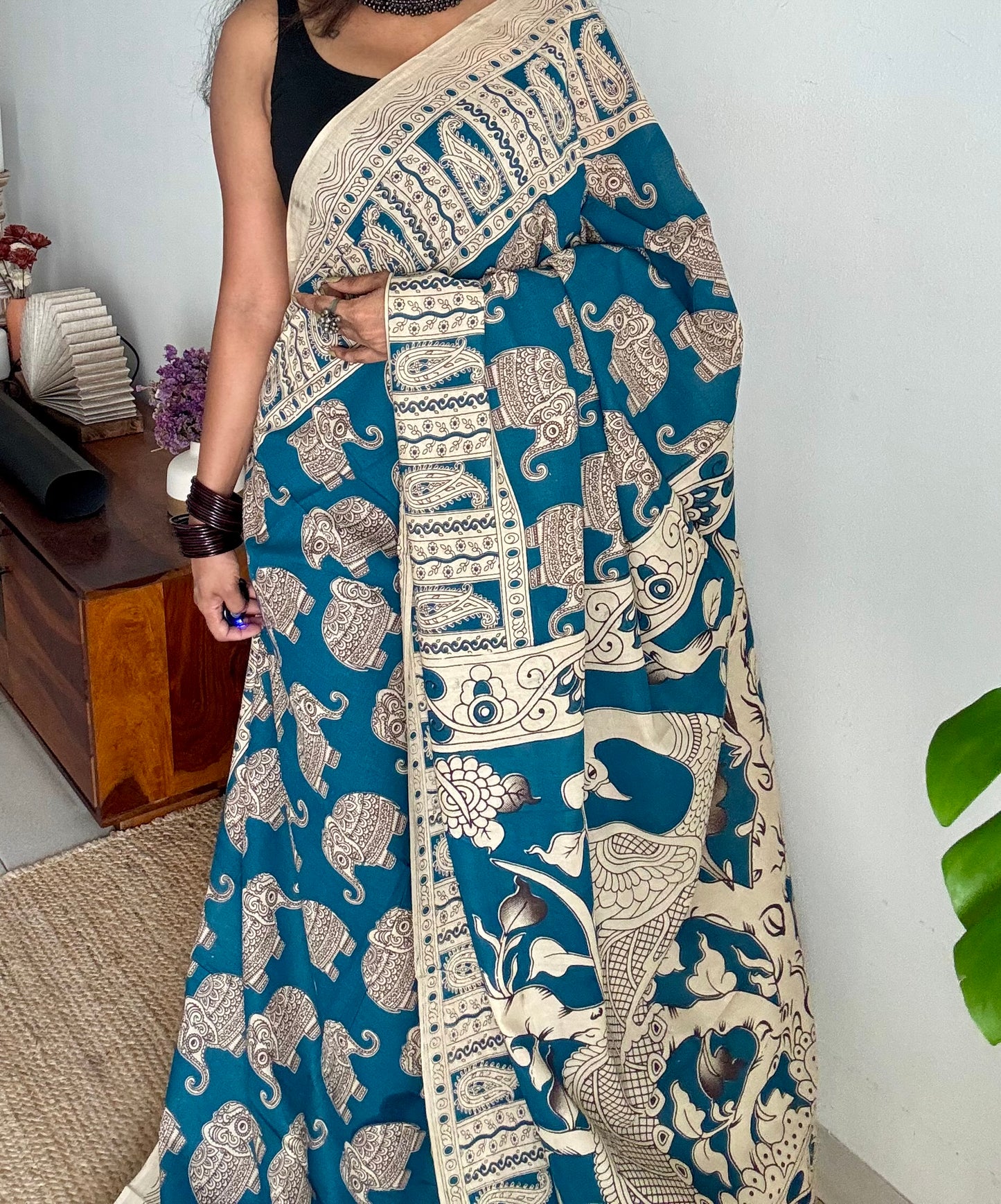 Peacock blue kalamkari saree, elephant motifs, soft cotton - YCWOTDMA350