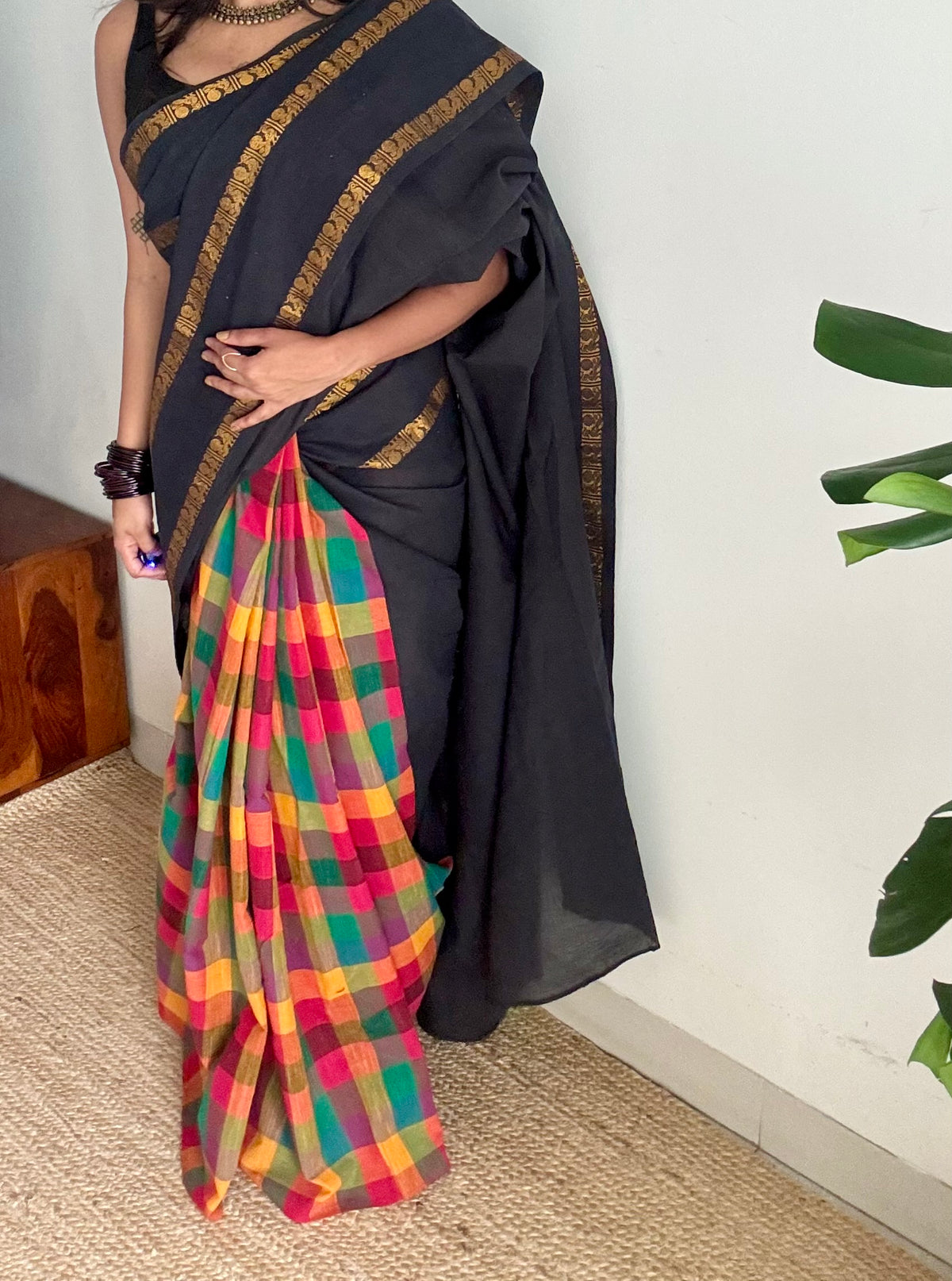 Plain black with multicoloured checks, cotton half-half saree - YCCOTNIDOC43