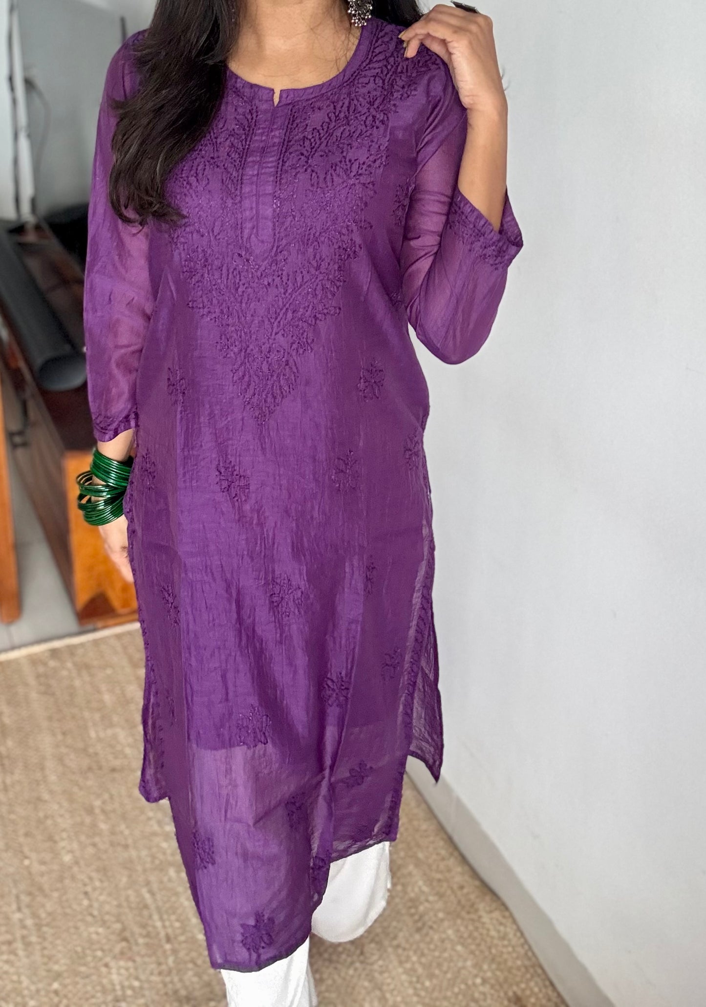 Purple muslin chanderi chikankari with bakhiya work, stitched kurta, round neck, three fourth sleeves - YCSECK25