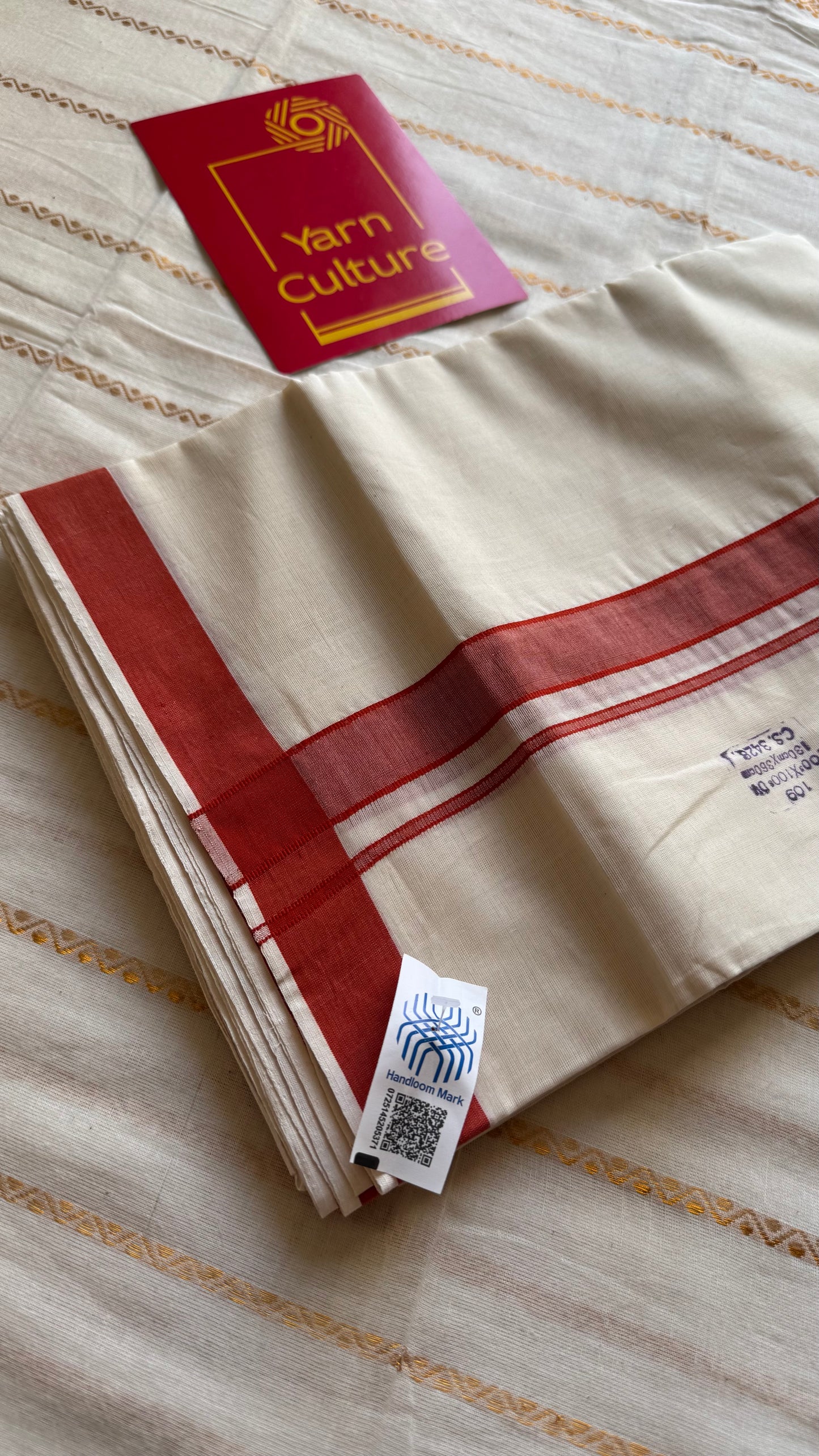 Ivory Chendamangalam Handloom Double Mundu with Red Kara | Soft Cotton Men's Dhoti - YCMSEIE175