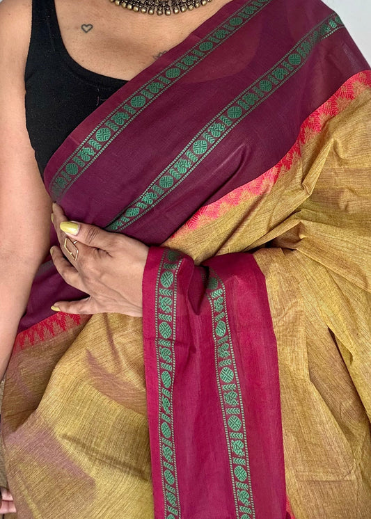 Chettinad cotton saree in ginger green with wine and maroon thread borders - YCCOTNJUCC12