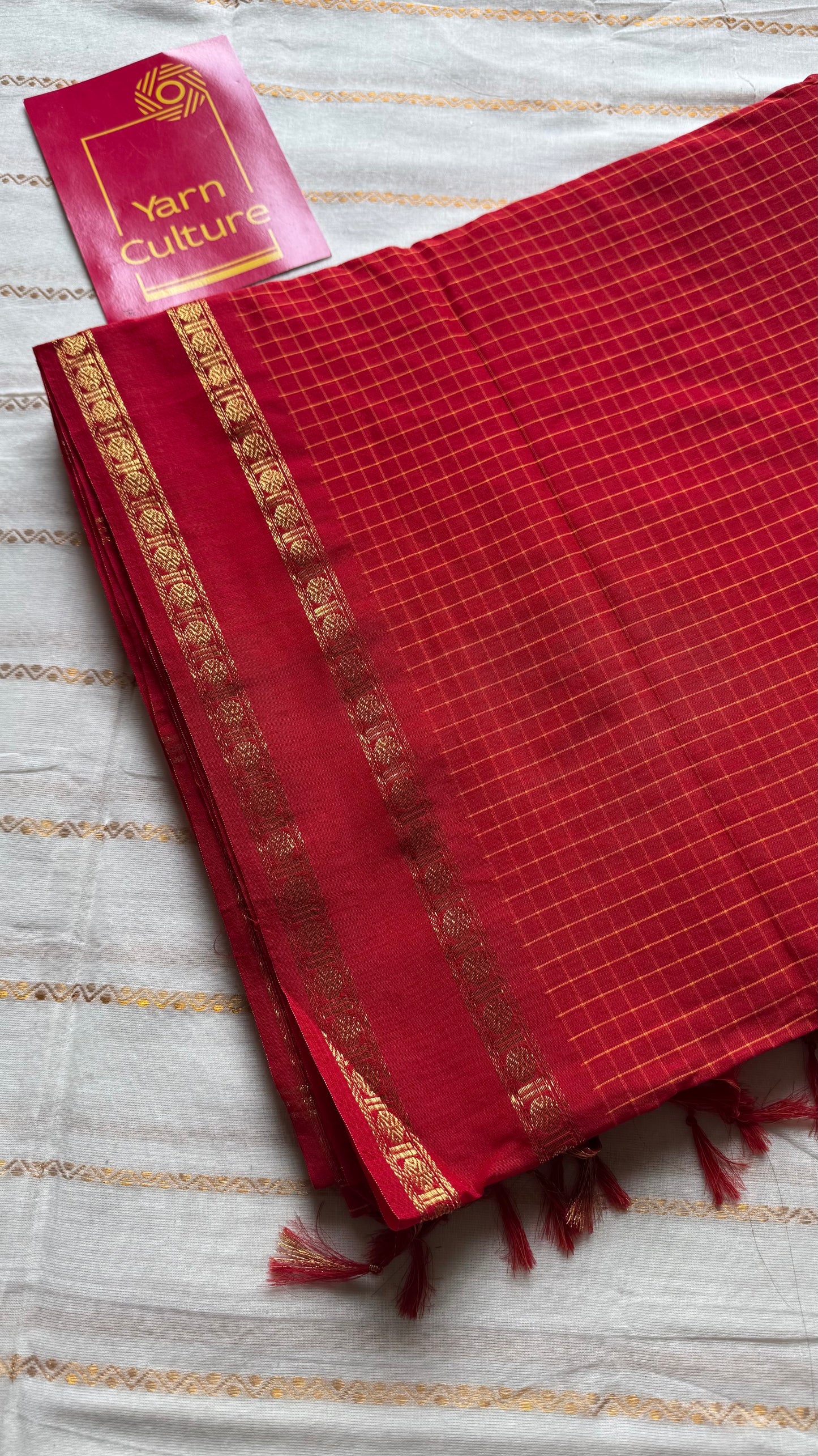Chilli red arani checks saree, cotton silk - YCCOTNAUG20