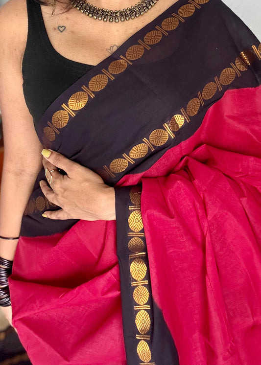 Carmine red with black Sungudi, Madurai cotton - YCCOTNSUDE36