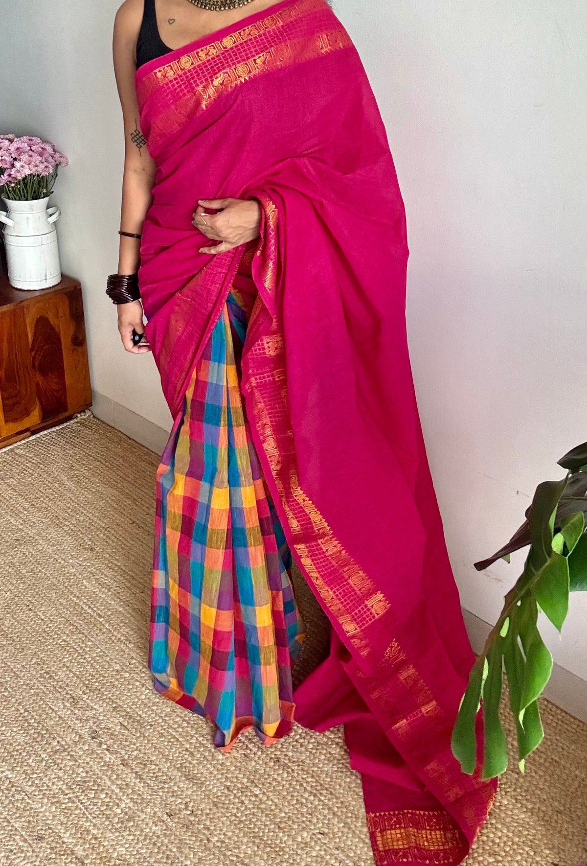 Hot pink with multicoloured madras checks, cotton half and half saree - YCCOTNIDOC163