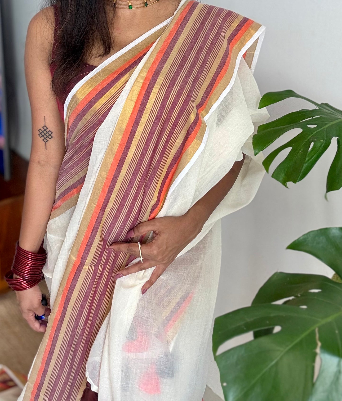 Ivory mul saree, deep maroon, orange, gold zari border - YCIEON02