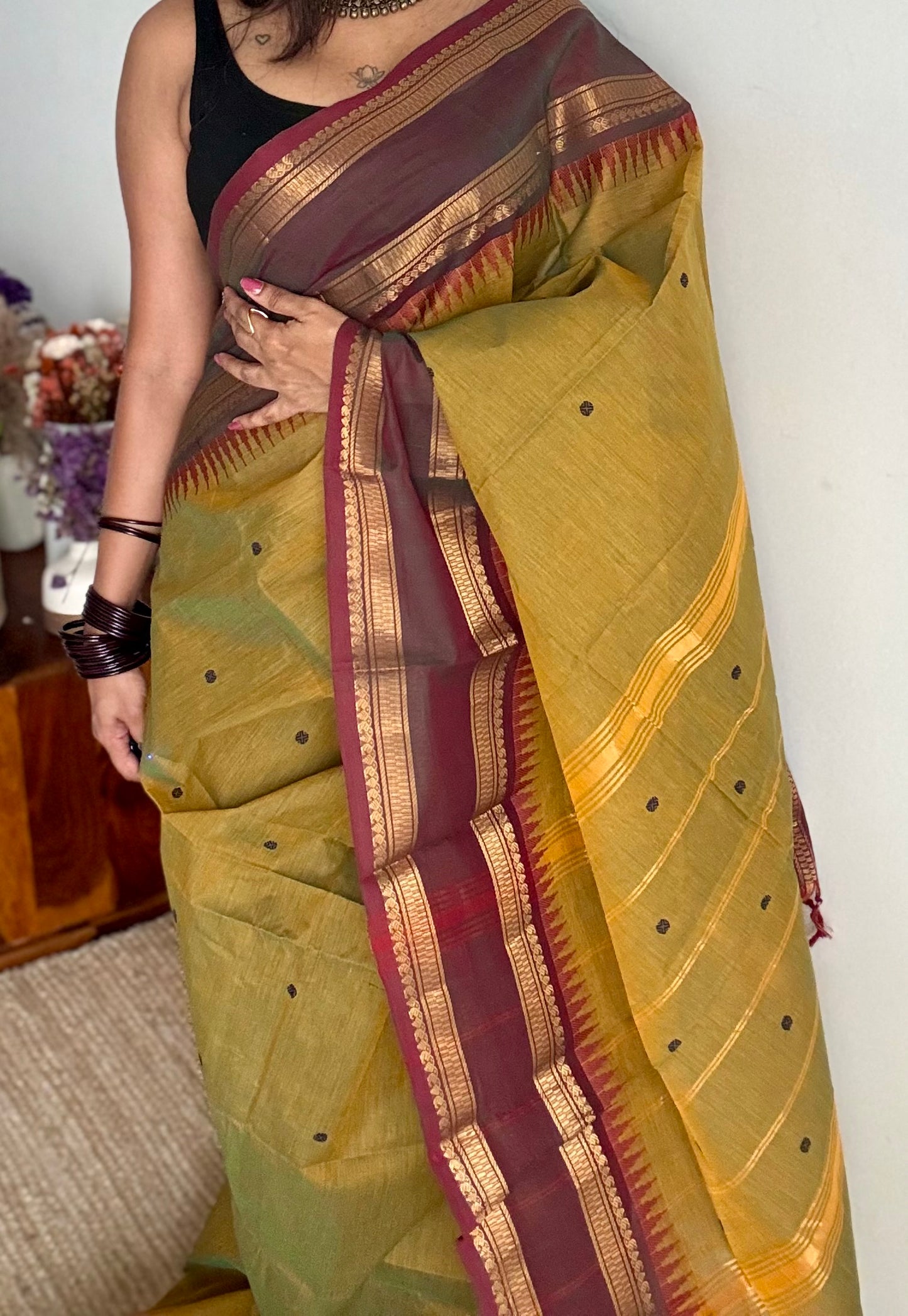 Kanchi cotton saree, light green with brown border - YCCOTNAP85