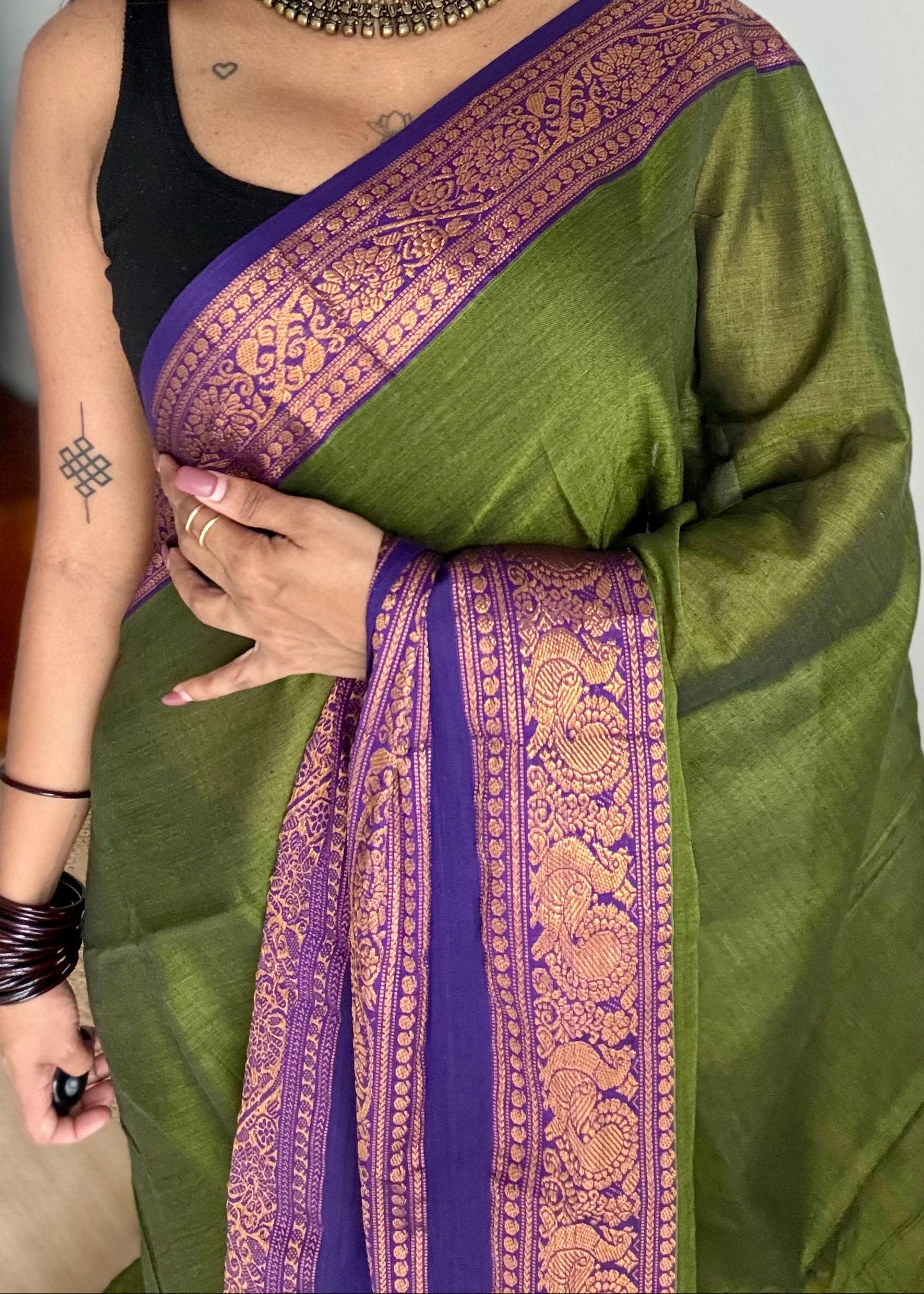 Green with purple wide border, narayanpet soft cotton saree - YCWOTDAUG03