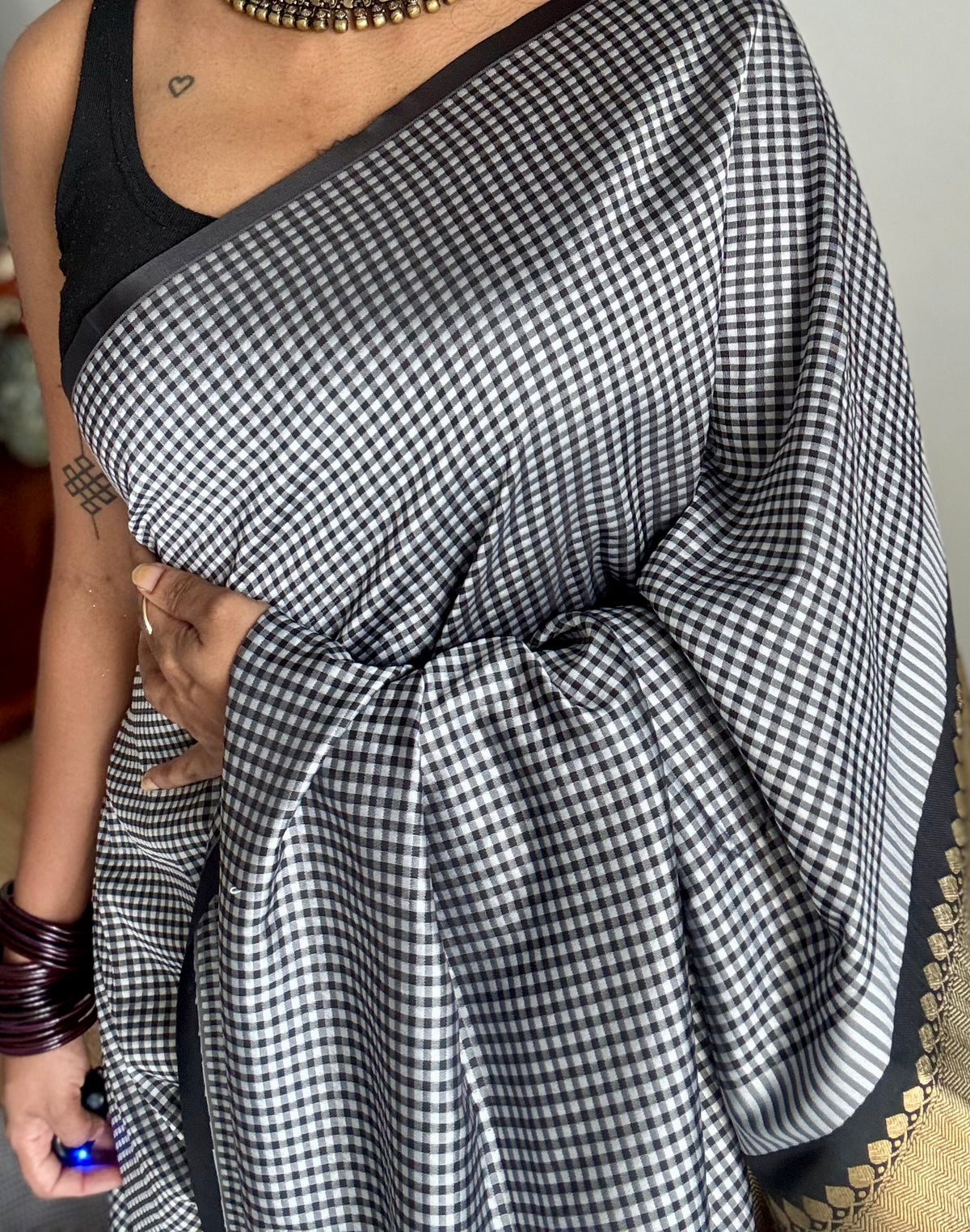 Black and white mini checks, Banarasi semi-katan silk saree with antique gold zari pallu - YCBLTOC93