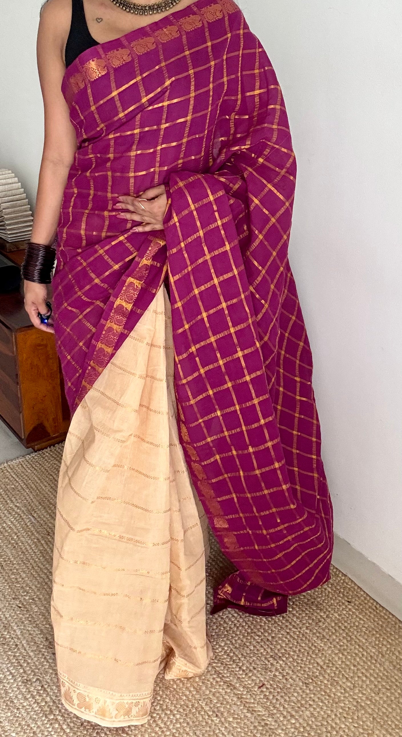 Vadamalli with cream, sungudi cotton half-half saree - YCCOTNIDMA285