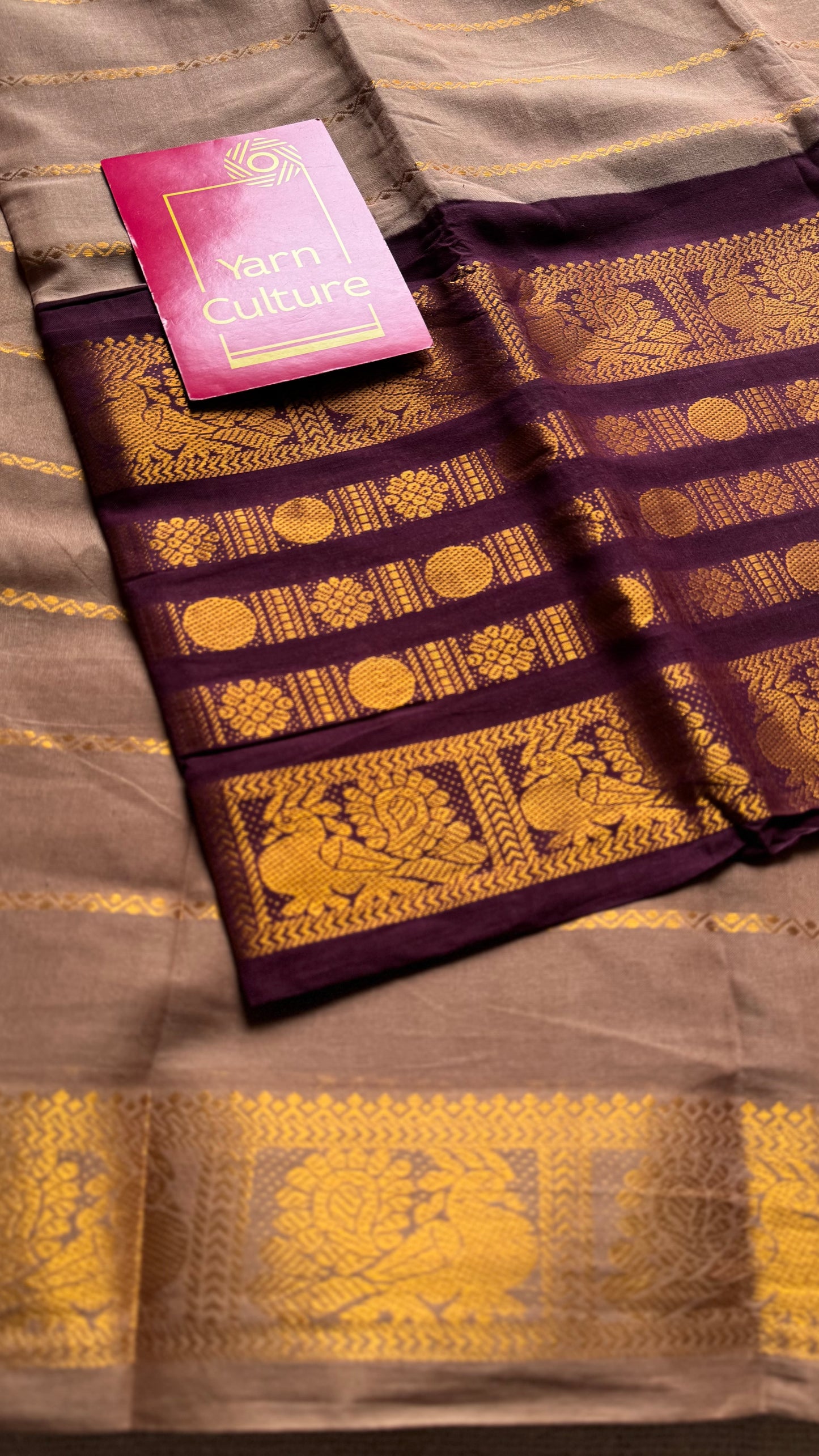 Light brown with maroon, peacock rudraksham motif, single side broad zari - madurai kattuchayam dyed - YCCOTNAURS17
