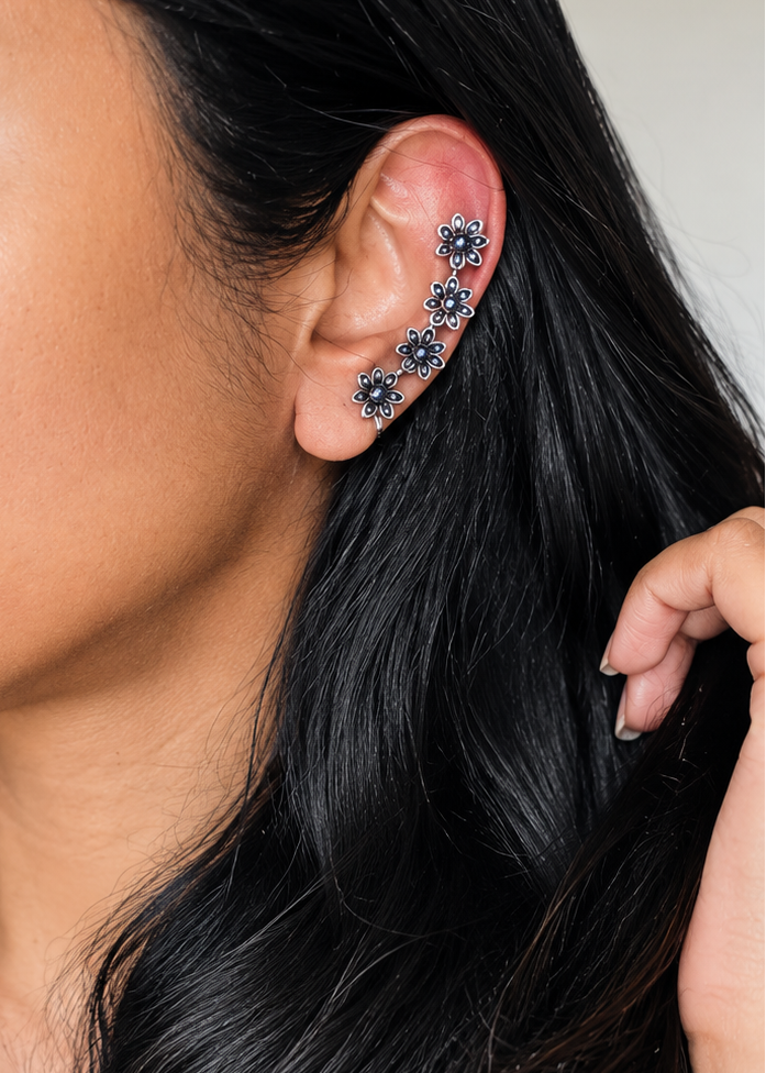 Oxidised silver, floral earcuff, clip-on - YCOSEC494