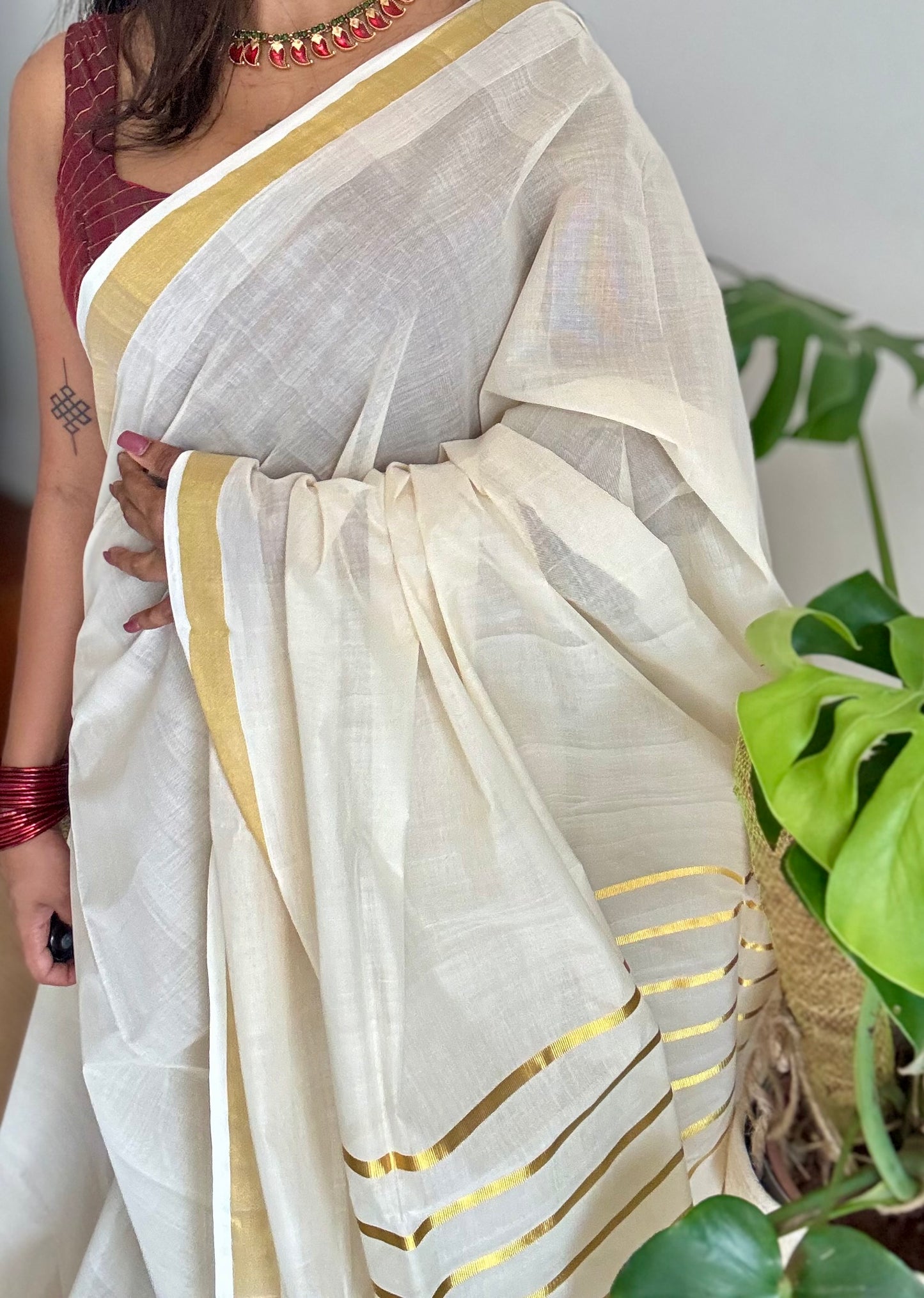Handloom, woven in Chendamangalam Looms, ivory with gold striped pallu - YCIEON147