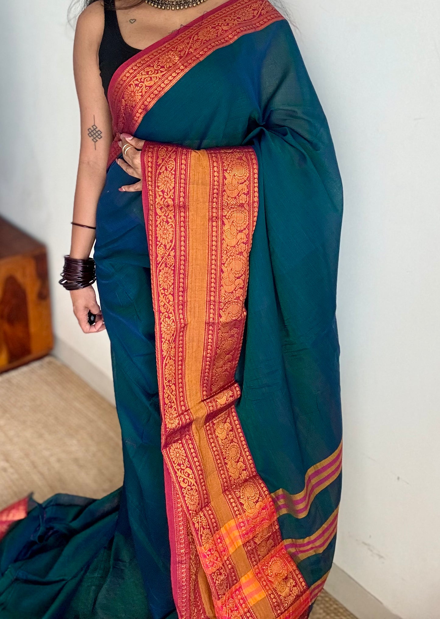 Peacock blue with dark pink wide border, narayanpet soft cotton saree - YCWOTDAUG02