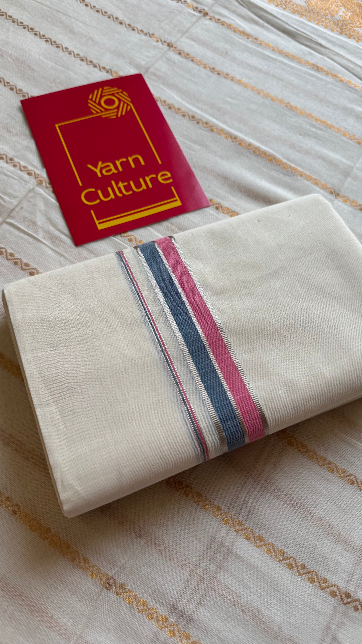 Ivory Chendamangalam Handloom Double Mundu with Pink, Blue & Silver Kasavu Kara | Soft Cotton Men's Dhoti - YCMSEIE171