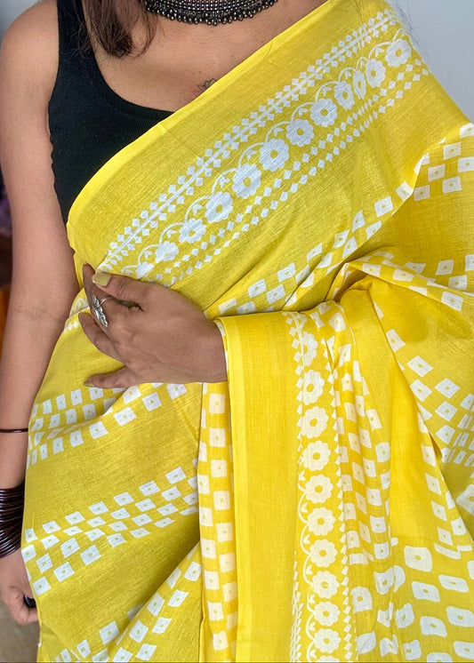 Yellow with white prints, soft cotton saree - YCTORCMA03