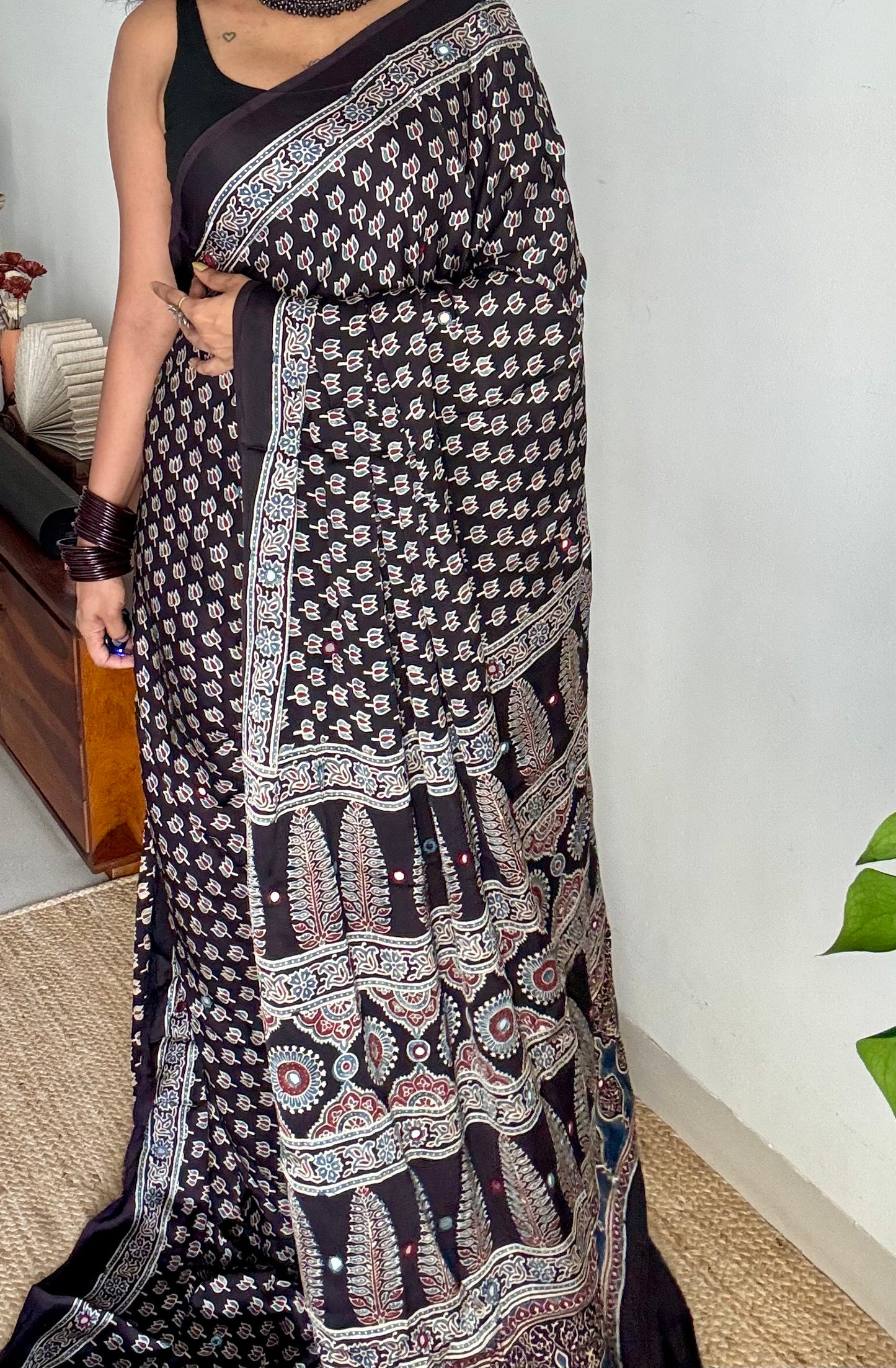 Black pure modal silk saree with ajrakh handblock print and mirror work - YCTOKAJM337