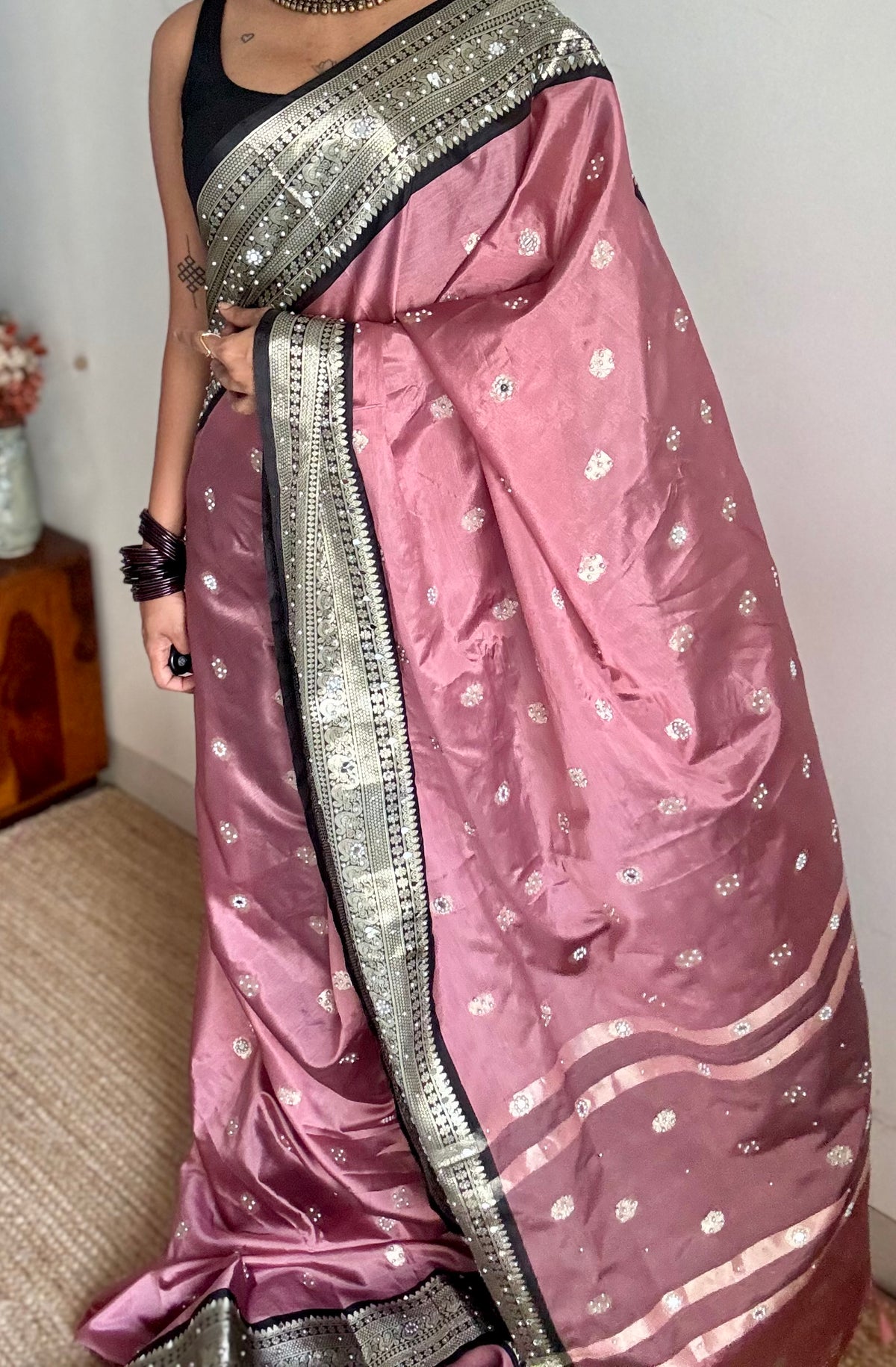 Dusty pink with black silver zari Banarasi semi-katan silk saree with pearl embellishments - YCBLTOC92