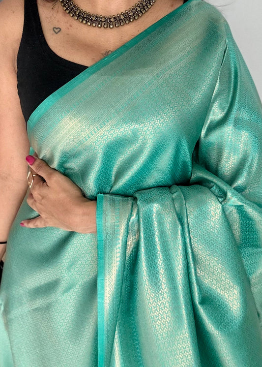 Firozi blue, antique gold zari, semi -silk - YCDOSOCSS03