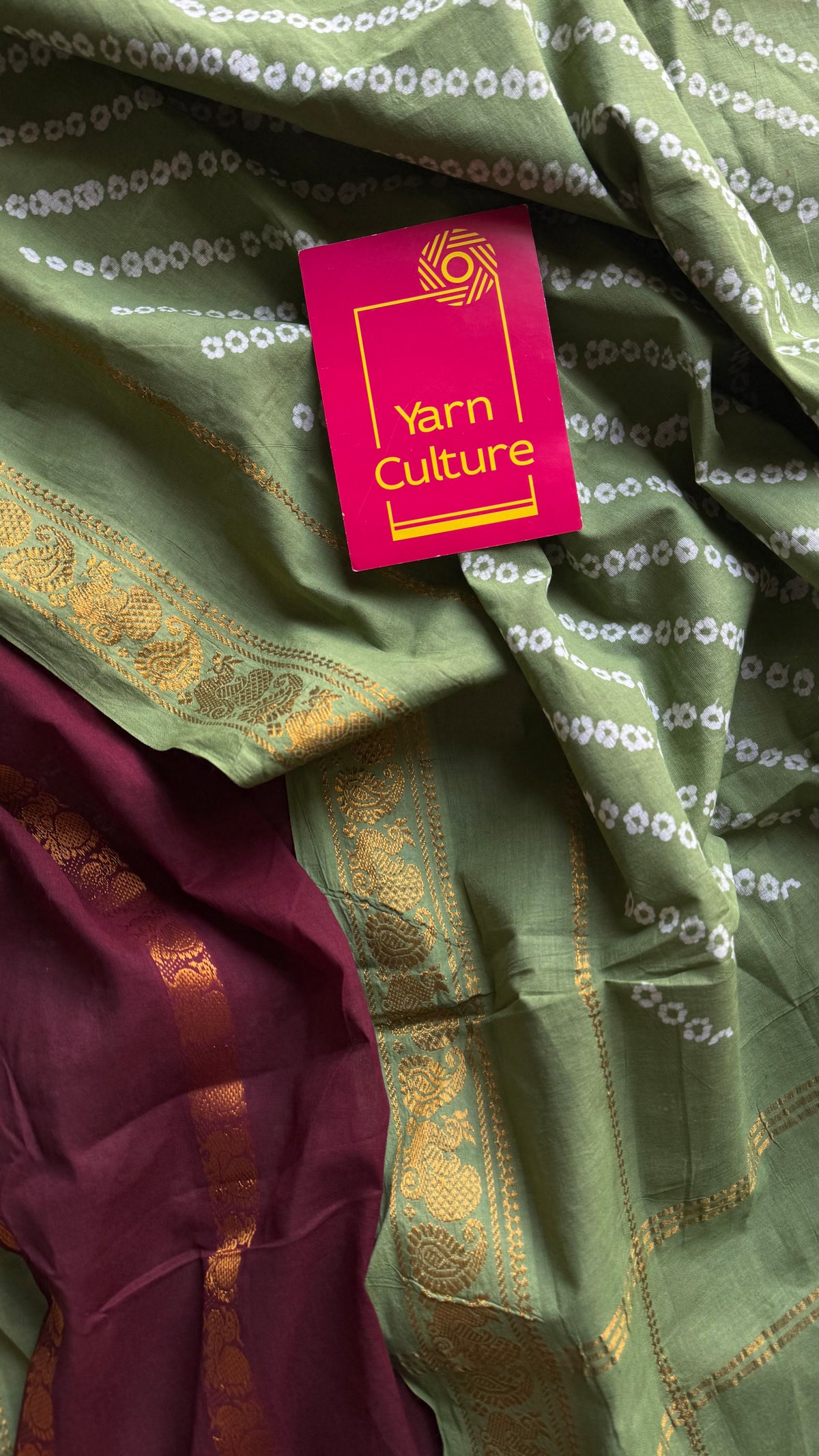 Pista green with maroon, cotton half and half saree - YCCOTNIDOC140