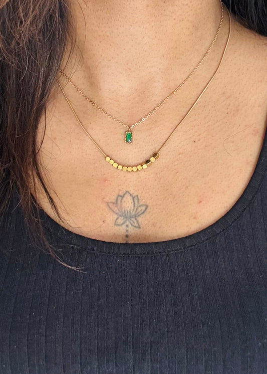 Gold plated double layered chain, green pendant - YCGPC403