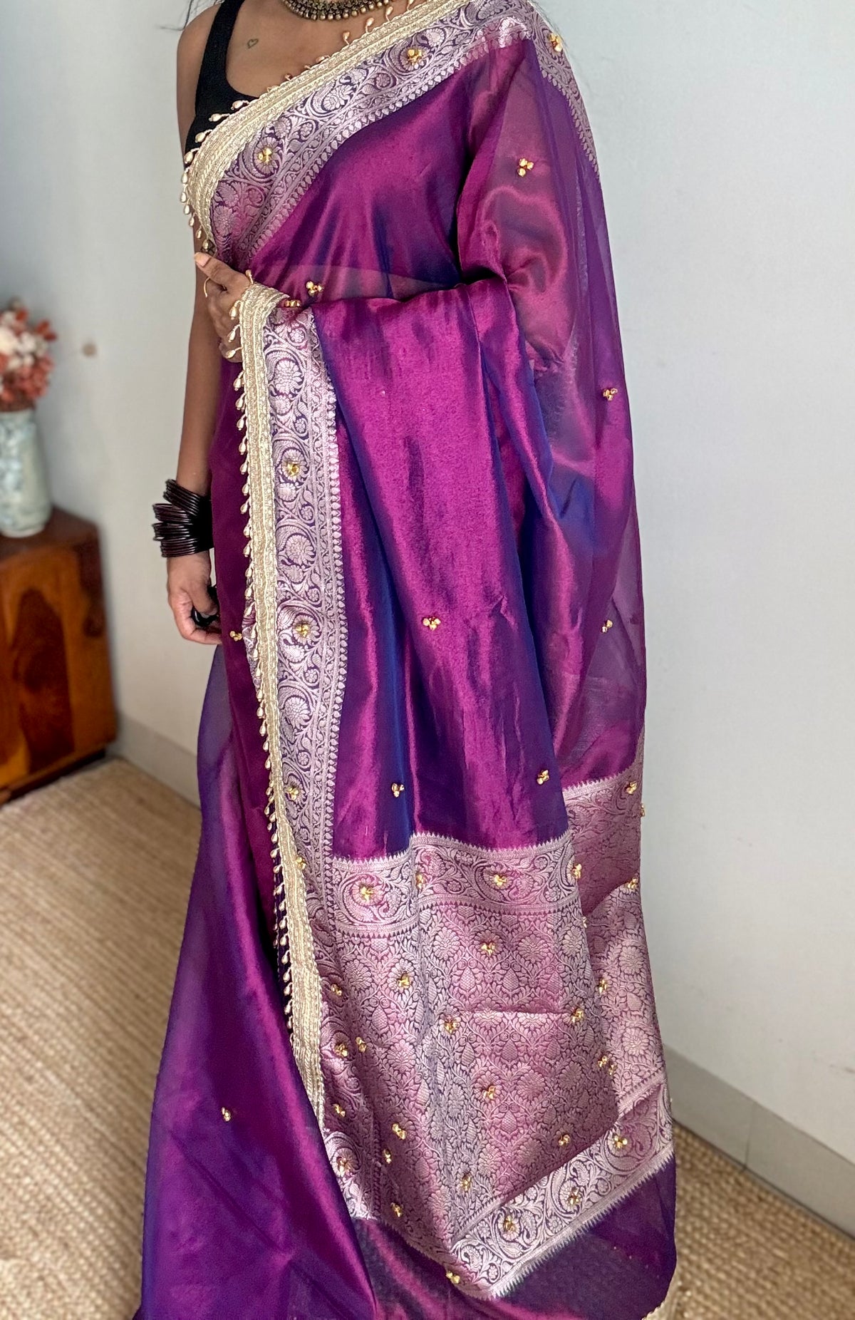 Purple gold tissue Banarasi saree with ghungroo embellishments and beaded lace border - YCBLTOC67