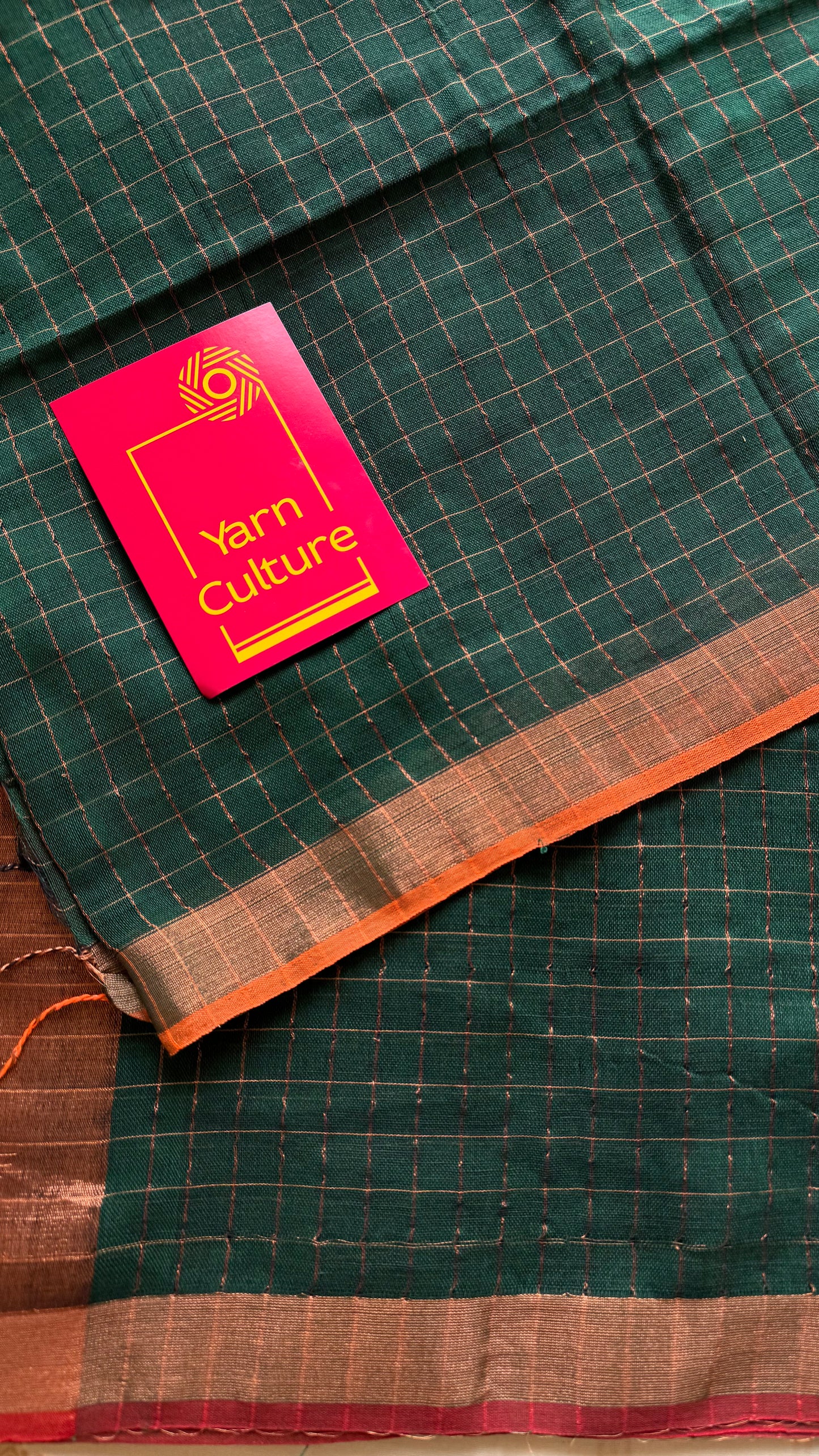 Green linen by cotton saree, gold checks & copper zari pallu - YCBCLCAP56b