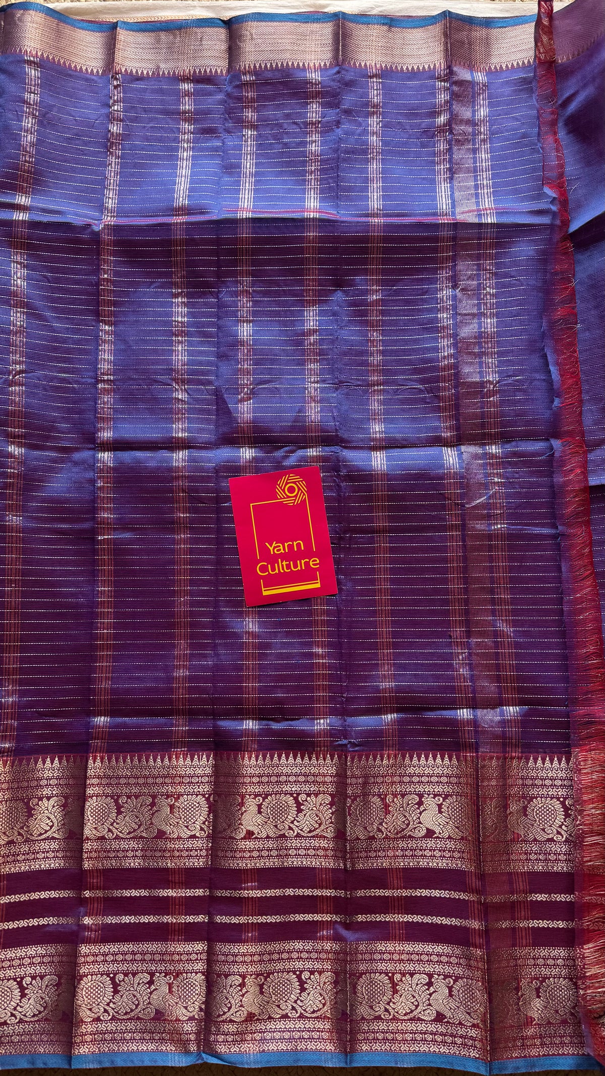Dark berry pink with blue silver zari checks, silver and gold peacock woven zari border, mangalgiri silk cotton, handwoven, soft, light weight - YCWOTDMSCOC124