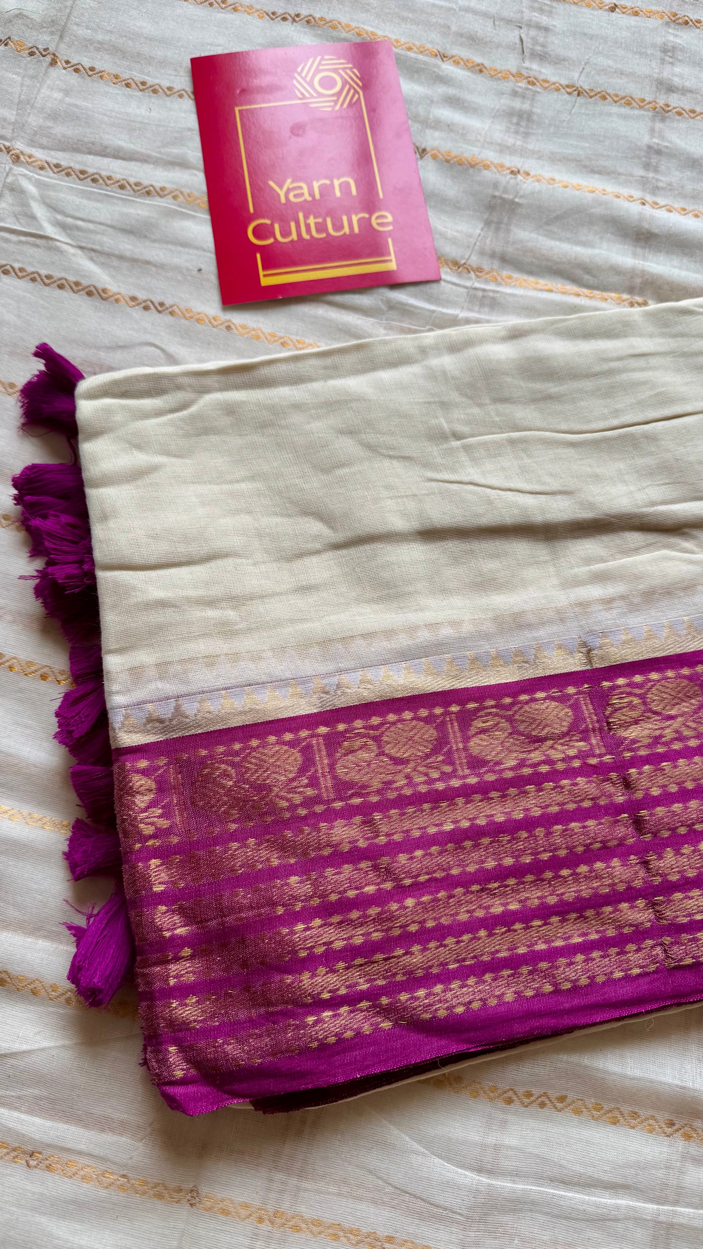 Ivory mul saree, purple pink kanchi border - YCIEON17
