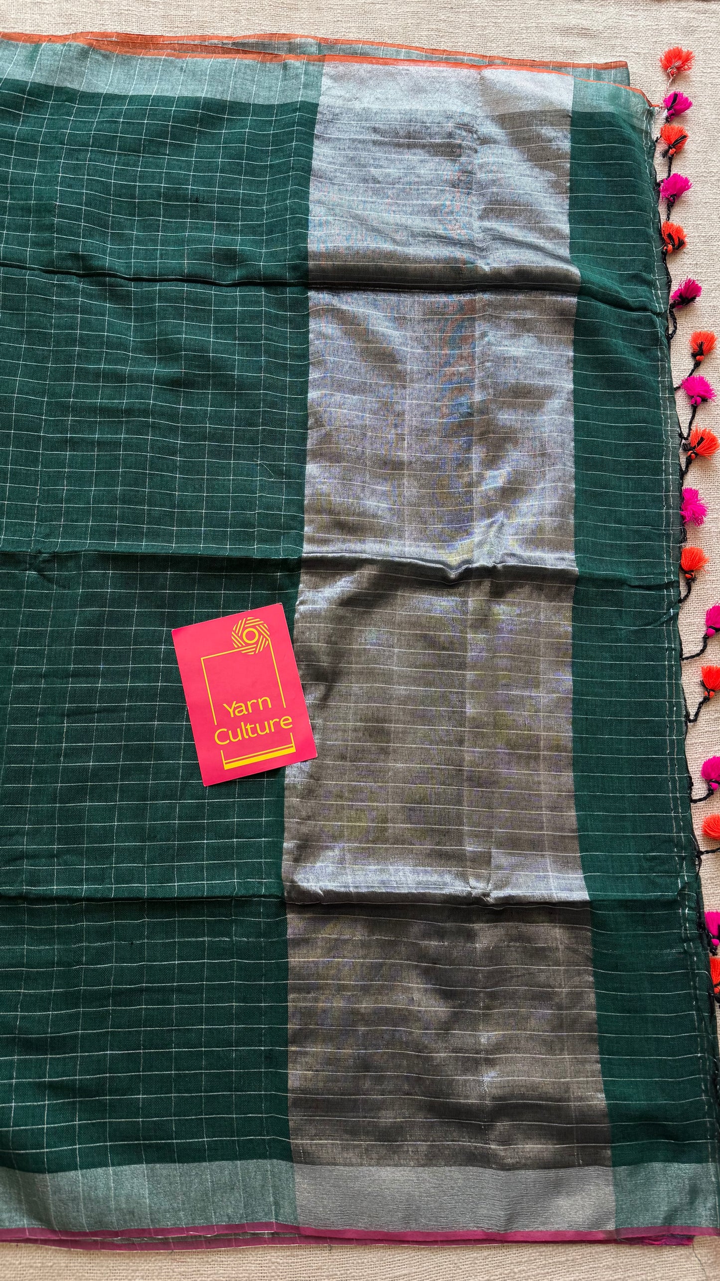 Green linen by cotton saree, silver checks & zari pallu - YCBCLCFE390