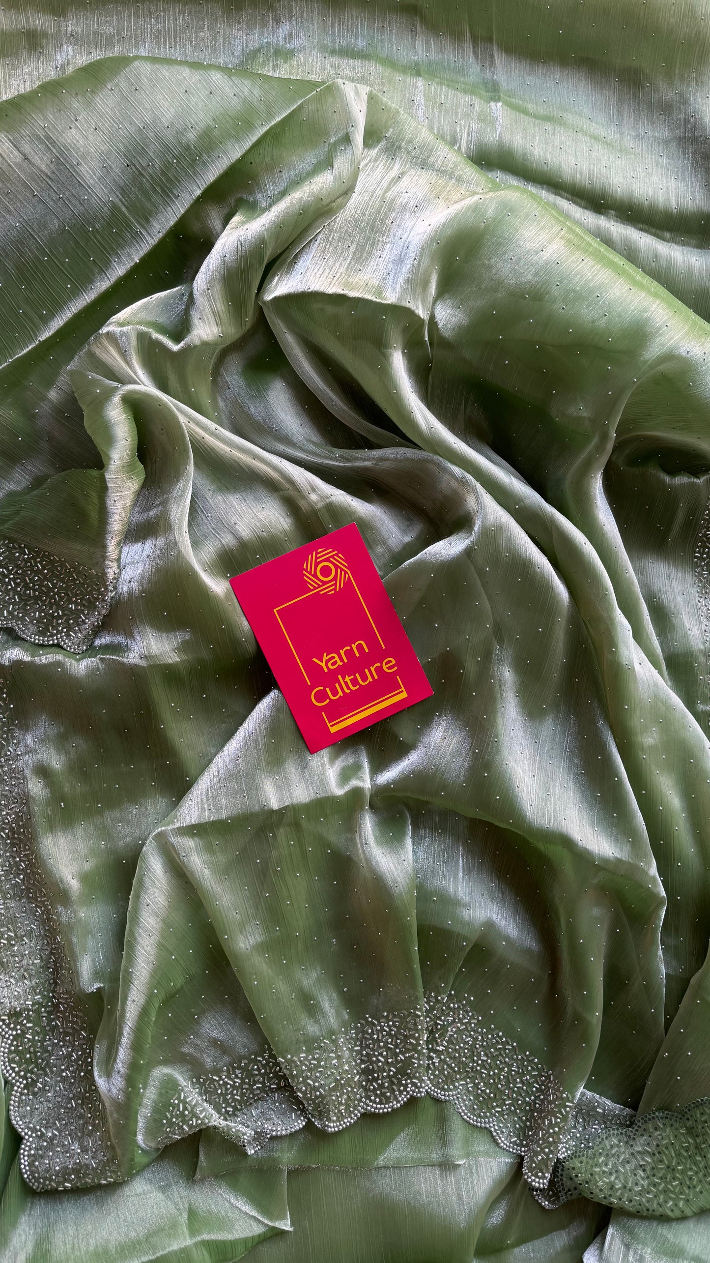 Minty Glimmer - pastel mint green dual tone space silk, jarkhan stone work - YCDOSNO38