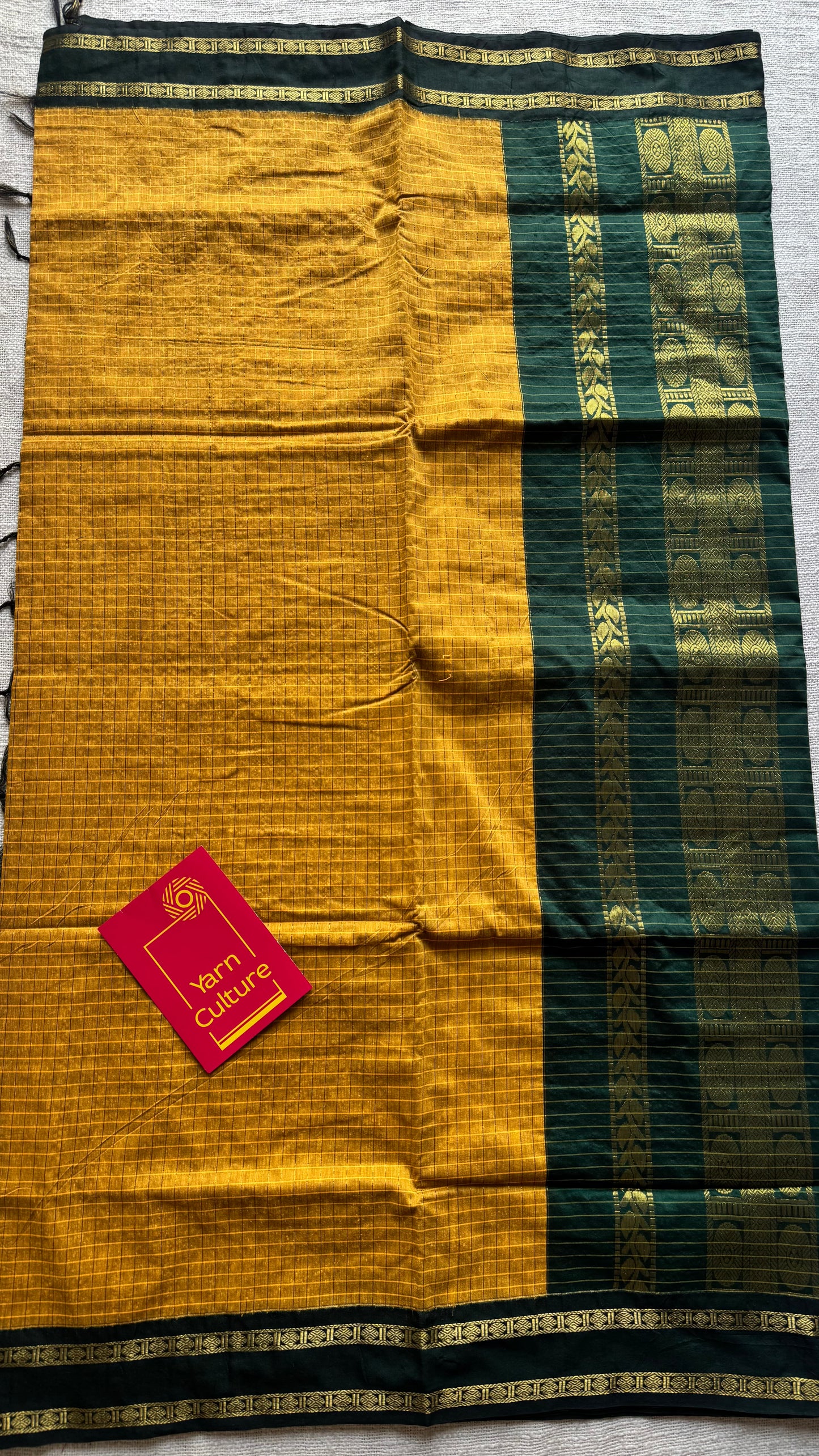 Mustard yellow with dark green contrast arani checkered saree, cotton silk - YCCOTNKCFE70