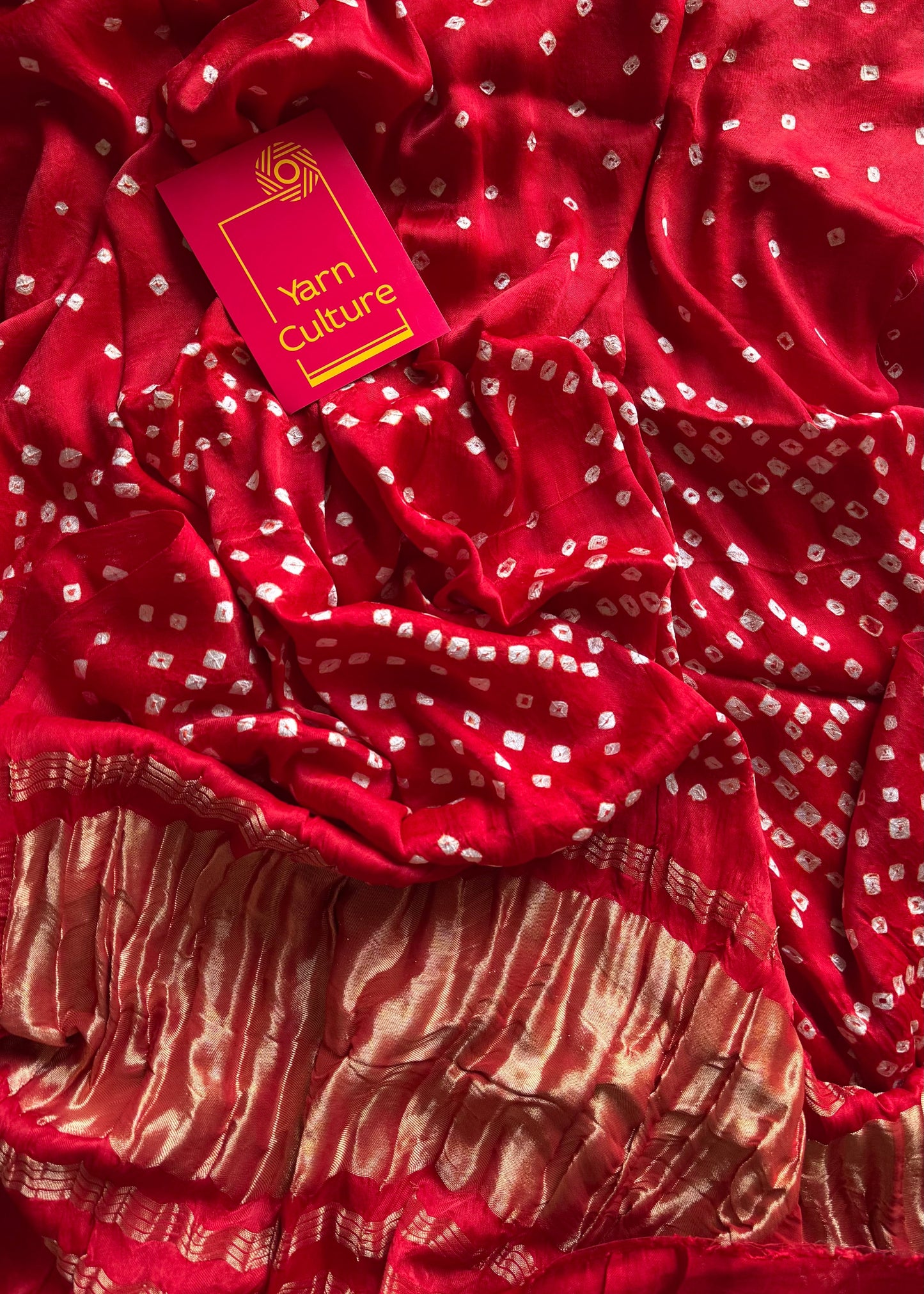 Red, crushed bandhej pure modal silk saree with lagdi patta zari pallu - YCTOKBM335