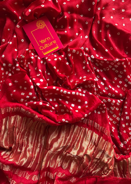 Red, crushed bandhej pure modal silk saree with lagdi patta zari pallu - YCTOKBM335